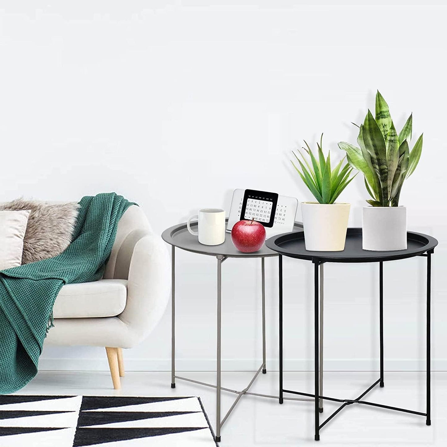 Garden 4 you Folding Tray Metal Side Table 2PC Grey Round End Table Cyan Sofa Small Accent Fold-able Table, Round End Table Tray, Next to Sofa Table, Snack Table for Living Room and Bed Room