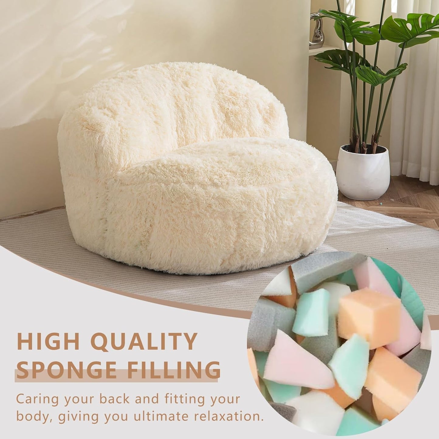 BYBYME Giant Bean Bag Chair, Faux Fur Bean Bag Couch with Filler Large Living Room Bean Bag Chairs for Adults, Big Lazy Sofa Accent Chair with Pocket Floor Chair