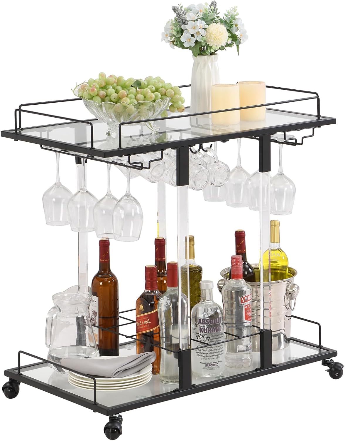 Bar Cart for Home Bar Chrome Serving Cart with Wine Rack 2-Tier Acrylic Rolling Bar Carts on Wheels Clear Dessert Cart Lucite Bar Stand Glass Liquor Cart for Living Room Kitchen Club Black