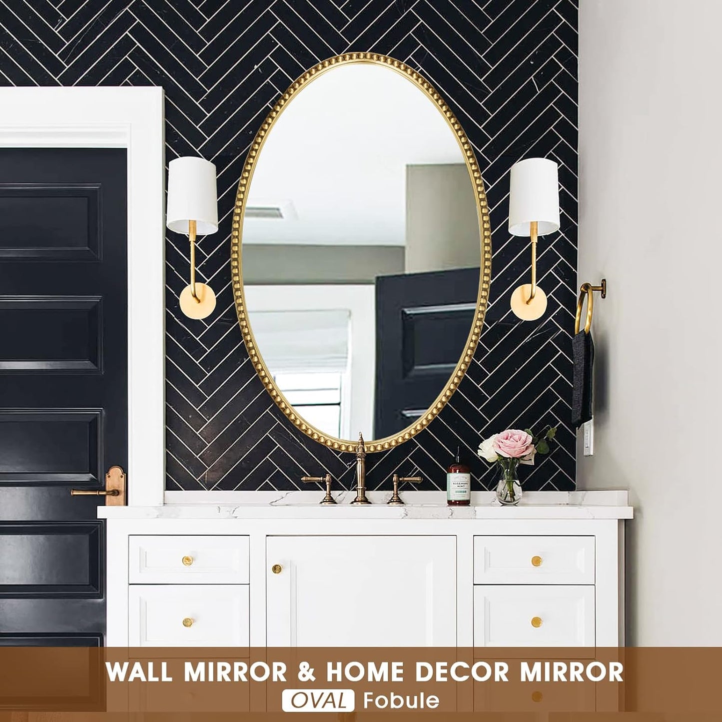 Oval Wall Mirror for Bathroom, 26"x39" Antique Gold Metal Beaded Frame Decorative Accent Mirror, Large Hanging Vanity Mirror for Bedroom, Living Room, Entryway