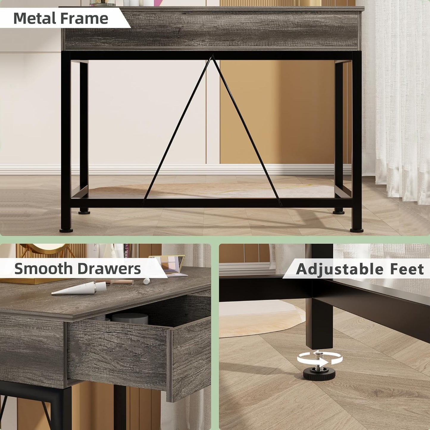 CAIYUN 40Inch Small Desk with 2 Wooden Drawers,Vanity Desks for Home Office with Storage, Simple Computer Desk for Small Space,Desk for Bedroom, Modern Writing Work Kids Study Desk Table, Grey Oak