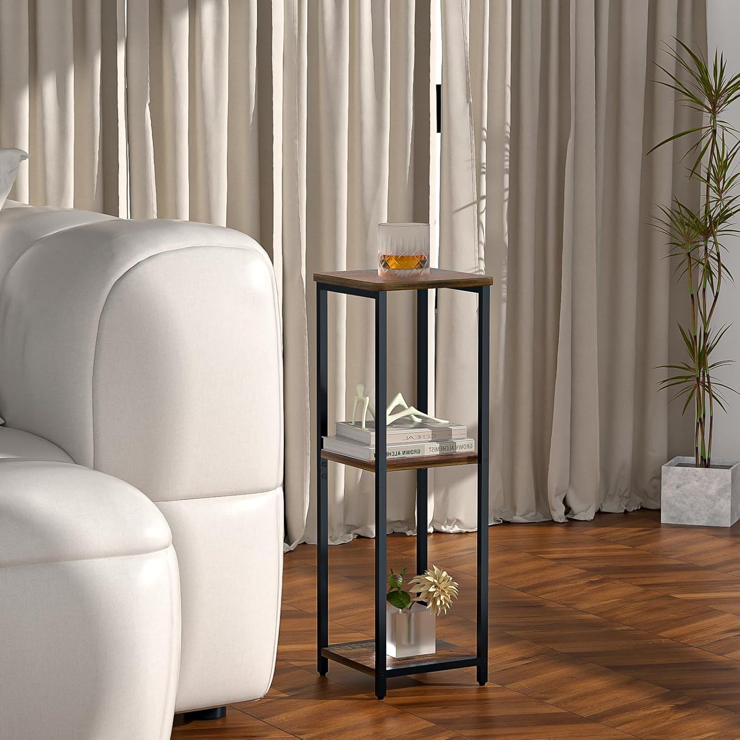 10" Wide Square Drink Table with Adjustable Feet - 3-Tier Small Side Table for Apartments, Balcony & Office | Space-Saving, Lightweight & Multi-Functional (Plants, Books, Drinks)