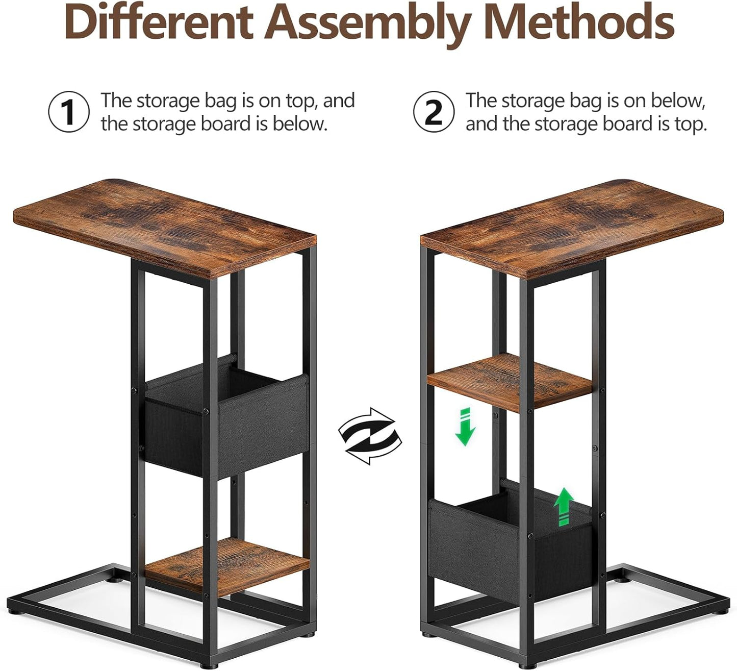C Shaped End Table, Small Side Table for Couch, Recliner, Slide Under Sofa Tray Desk Snack Tables with Storage Bag for Living Room,Bedroom, Small Spaces - Rustic Brown