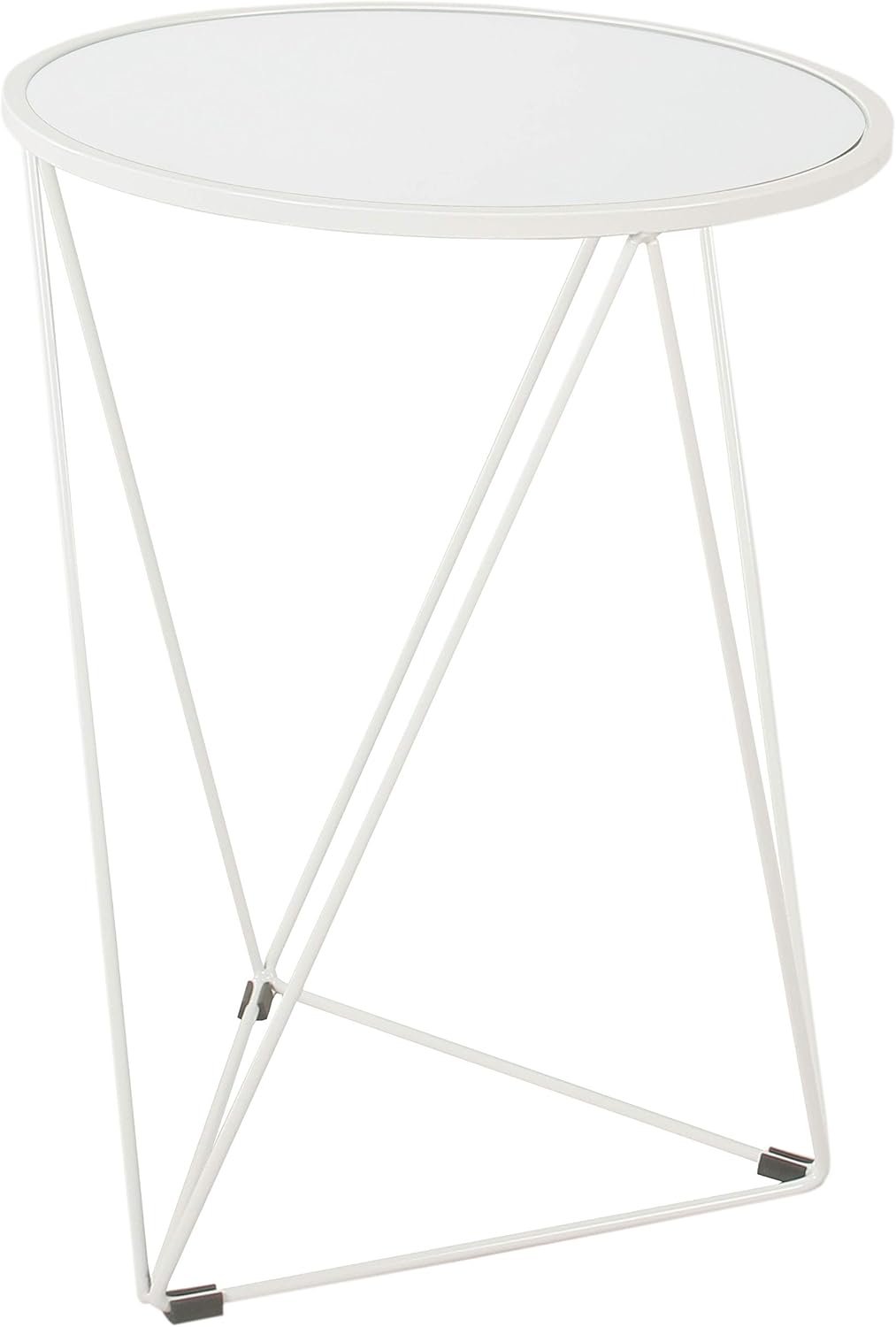 HomePop Metal Accent Table Triangle Base Round Mirror Top, White 18.24D x 24W x 18H in
