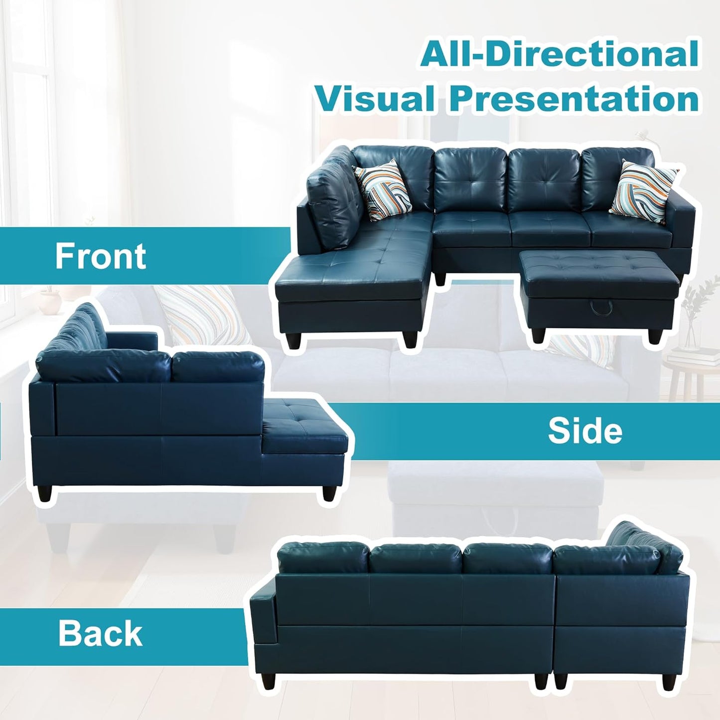 L Shaped Couch PU Leather Sectional Couch Upholstered 3 Pieces Sofas for Living Room with Chaise, Storage Ottoman for Office and Small Apartment, Peacock Blue