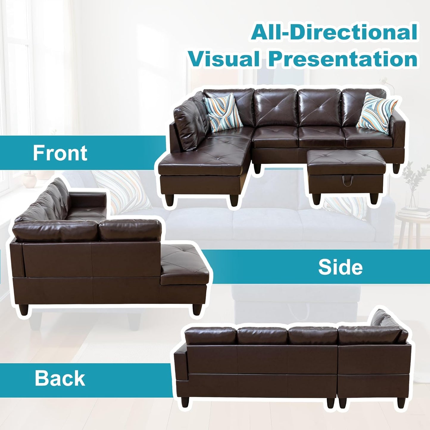 L Shaped Couch Faux Leather Sectional Couch Upholstered 3 Pieces Sofas for Living Room with Chaise, Storage Ottoman for Office and Small Apartment, Brown