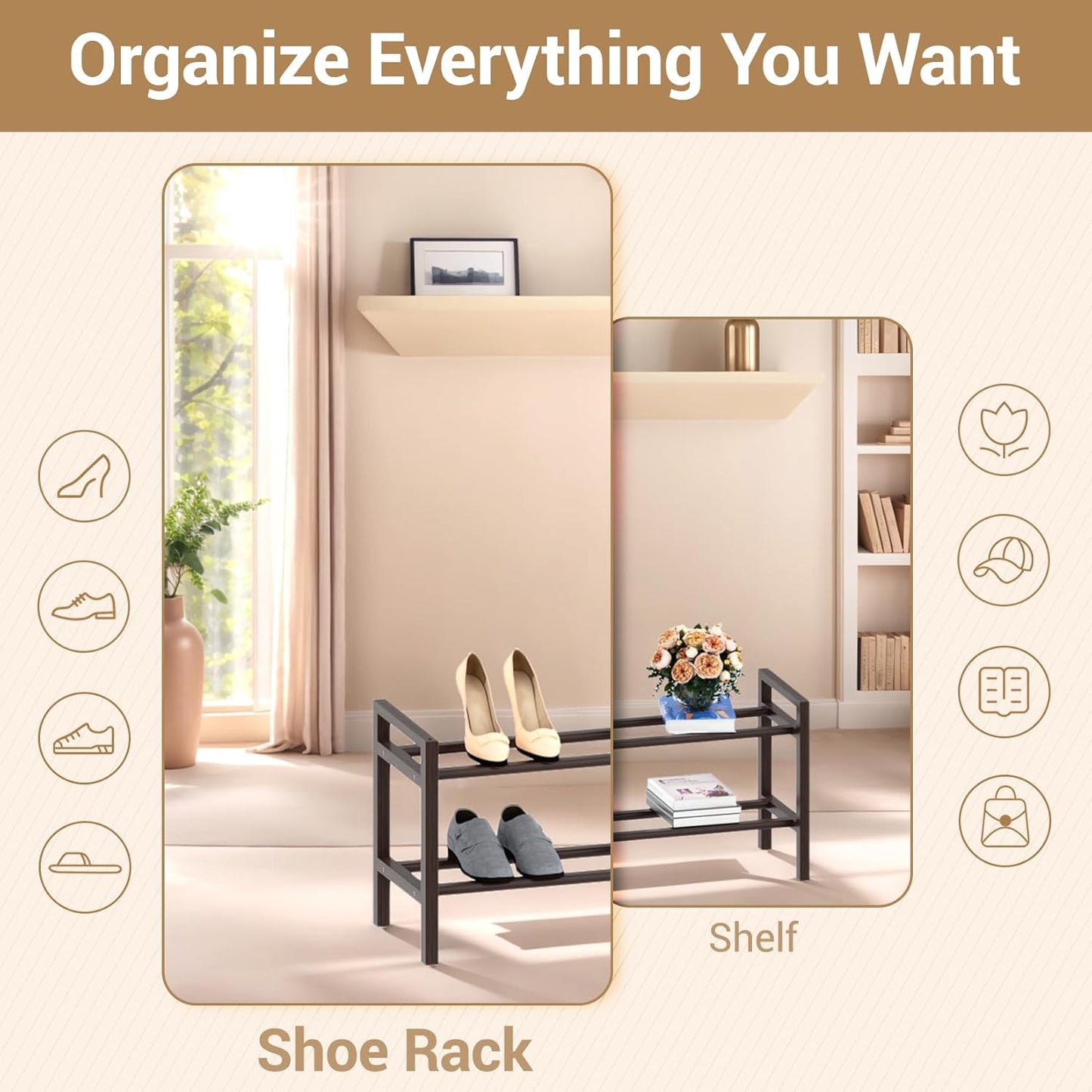 Haddockway Bamboo Shoe Rack for Closet, Free Standing Shoe Organizer with Smooth Round Rods & Convenient Handles, Stackable Shoe Storage Shelf for Entryway, Hallway(Brown, 2-Tier(Small))