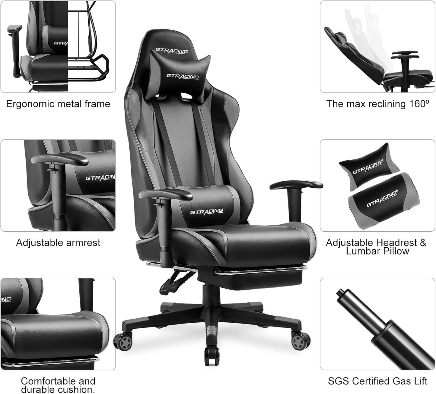 GTRACING Gaming Chair with Footrest, Ergonomic Computer Game Desk Chair, Reclining Gamer Chair Seat Height Adjustment, Swivel Rocker with Headrest and Lumbar (Gray)