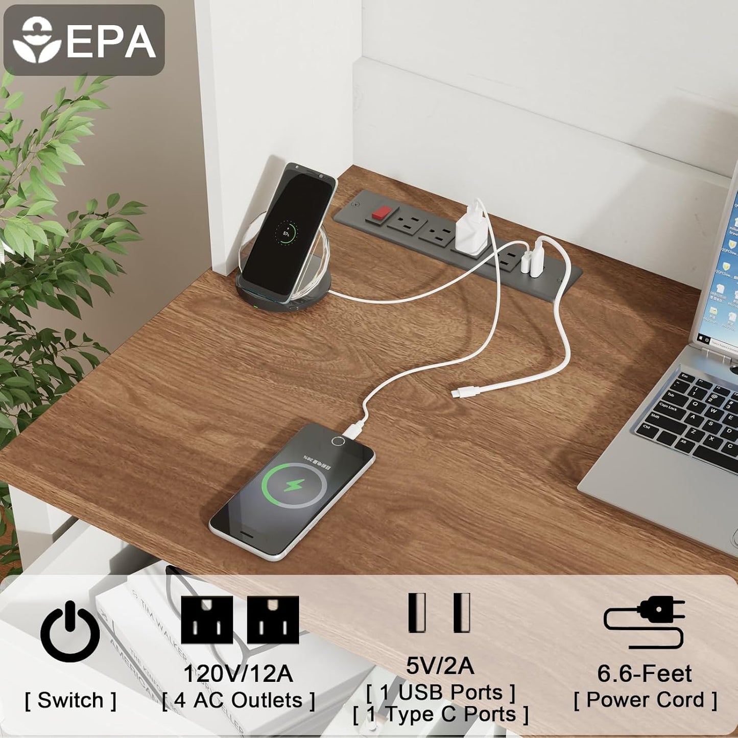 Farmhouse 67" H Executive Desk with Hutch,Office Table with 4 Drawers and LED Light, Computer Desk with Storage Cabinet & File Drawers and Charging Station, Wood Workstation for Home Office and Study