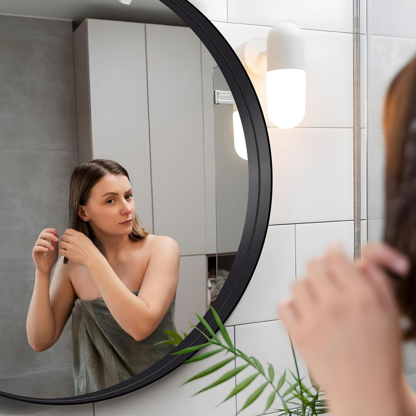 Black Round Mirror 42 inch Deep Frame Circle Mirror, Metal Frame Round Bathroom Mirror, Circle Mirrors for Wall Entryway Washroom Bedroom Living Room Hallway