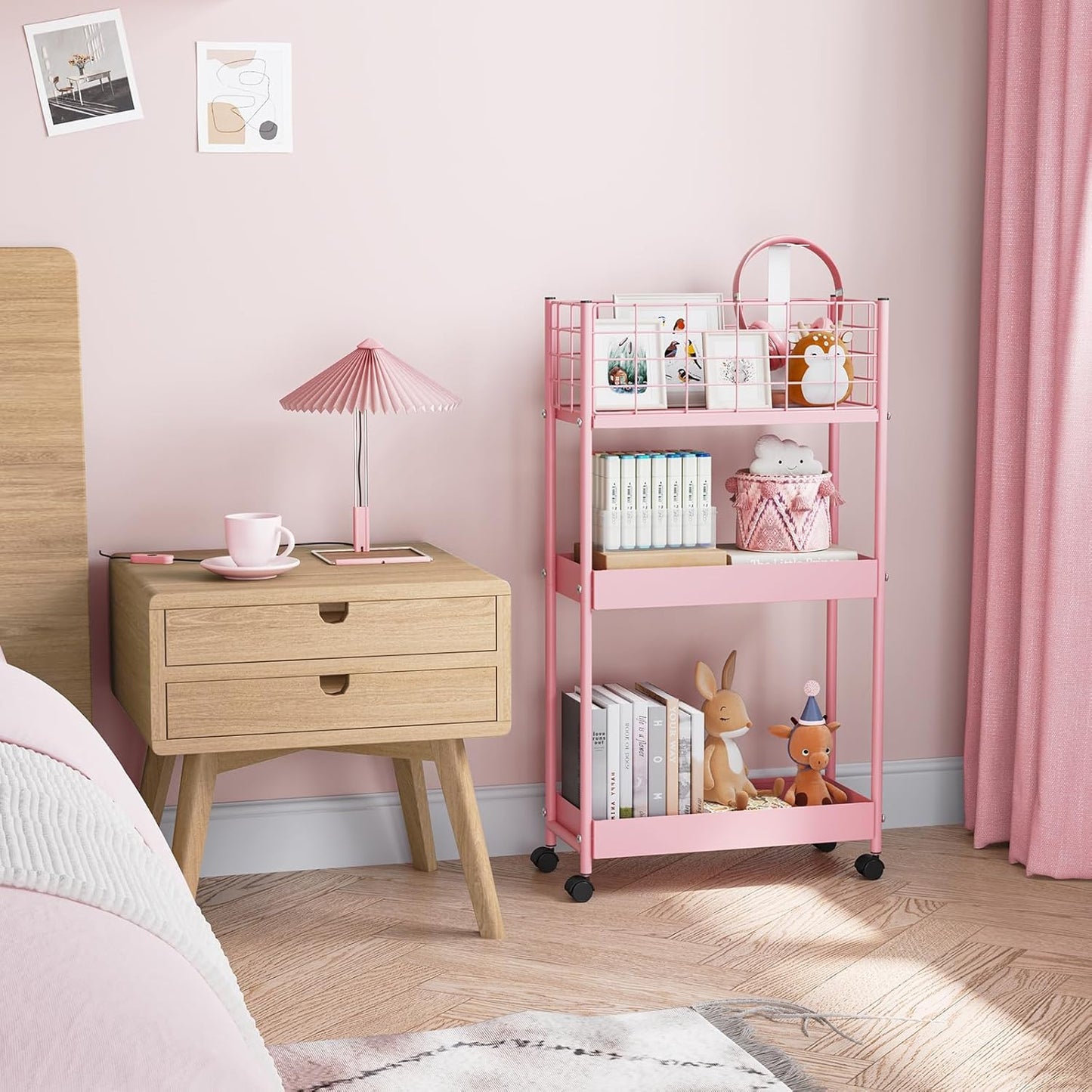 KINGRACK 3-Tier Rolling Utility Cart with Wheels, Metal Slim Storage Cart, Bathroom Multifunctional Storage Organizer, Mobile Shelving Unit for Kitchen, Office, Laundry Room, Narrow Place, Pink