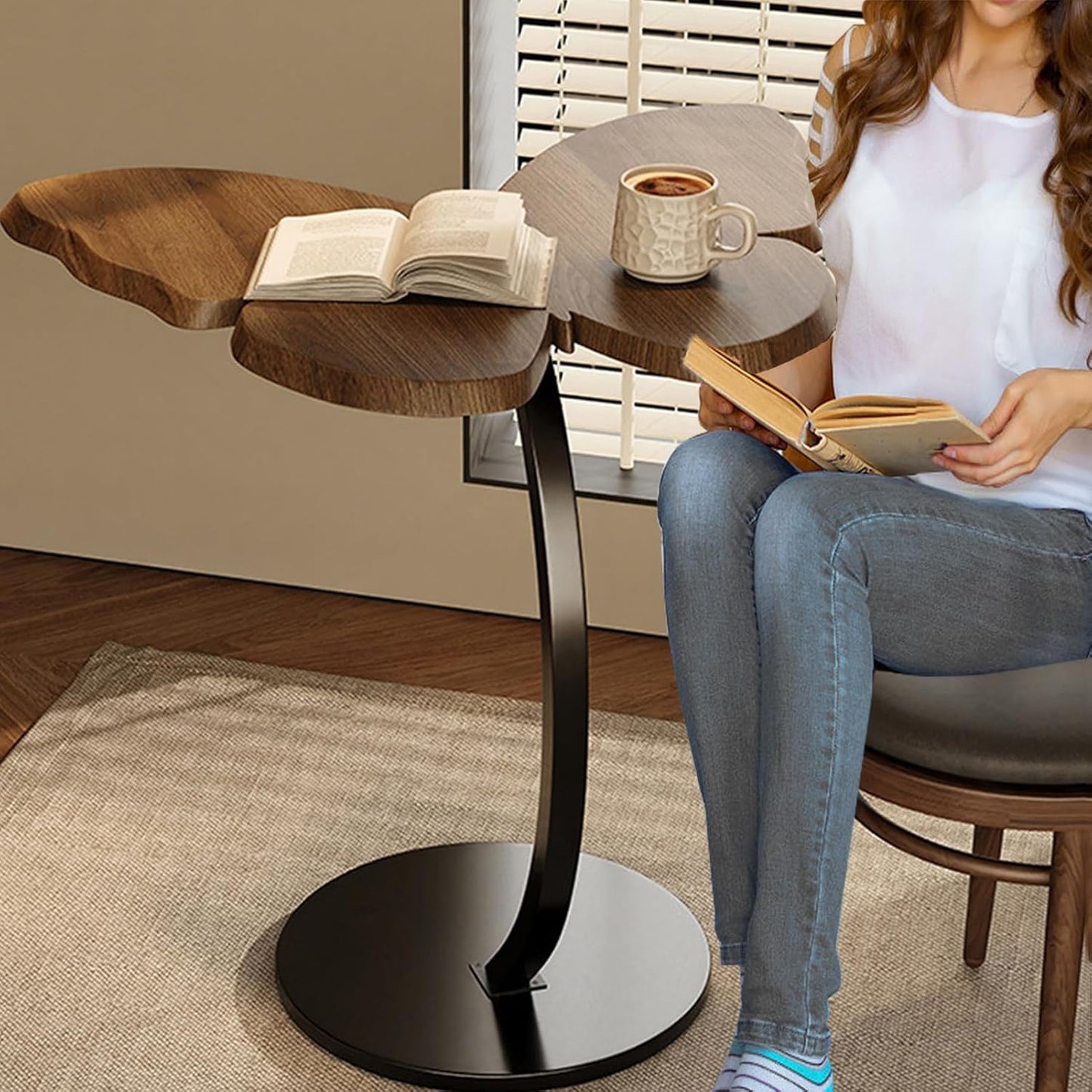 C-Shaped End Table, Sofa Side Table with Rotating Wheels, Rolling End Table with Storage, Small Couch Side Table for Bedroom, Swivel Tray Table for Living Room, Office (Butterfly)