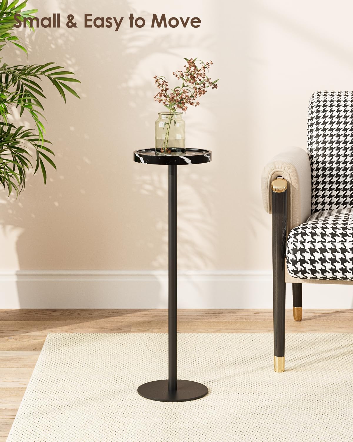 Drink Table, Small Pedestal Side Table, Round Cocktail Table, Circle Accent End Table with Metal Base, for Small Spaces (1, Black Marble)