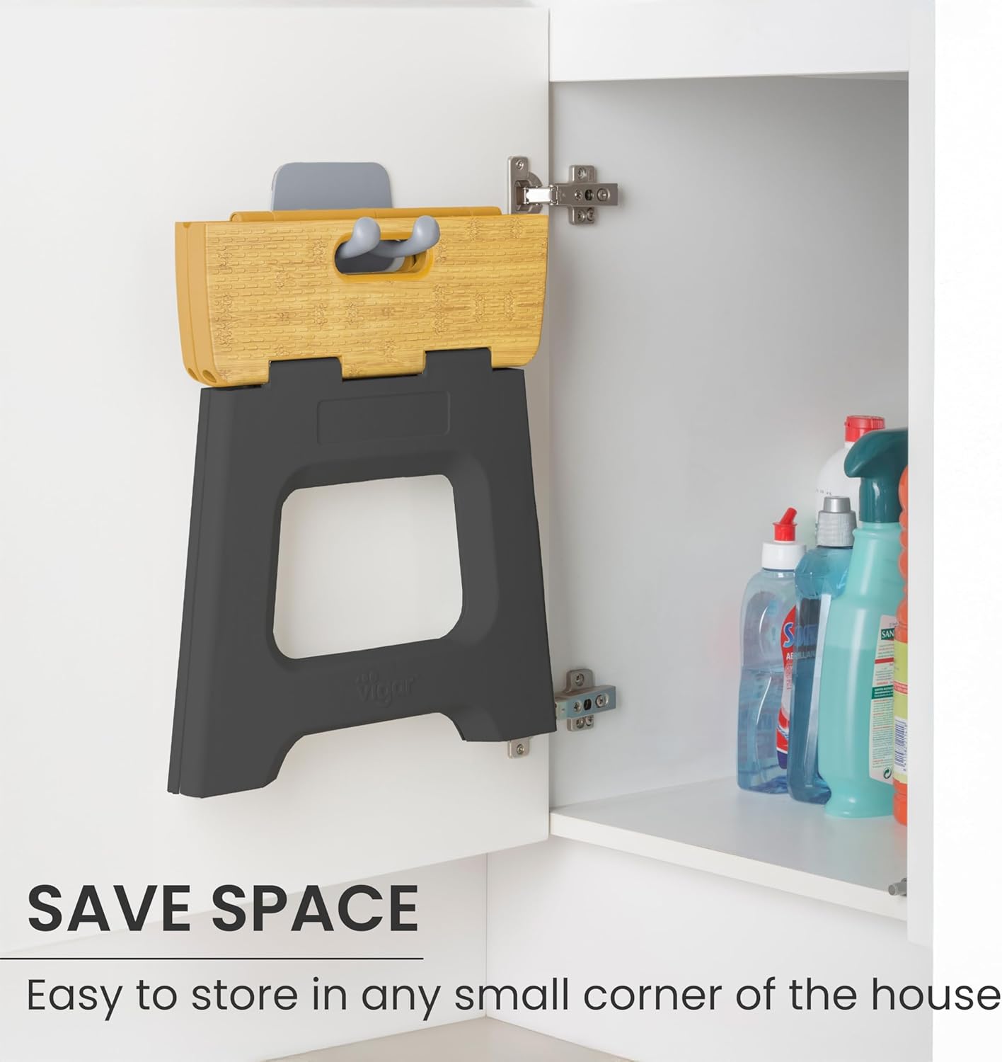 Vigar Compact Step Stool Foldable, 12-1/2-inch Step Stools for Adults up to 330 Pound, Lightweight Stool, Non-Slip Folding Step Stool, Black, Bamboo Print on Top