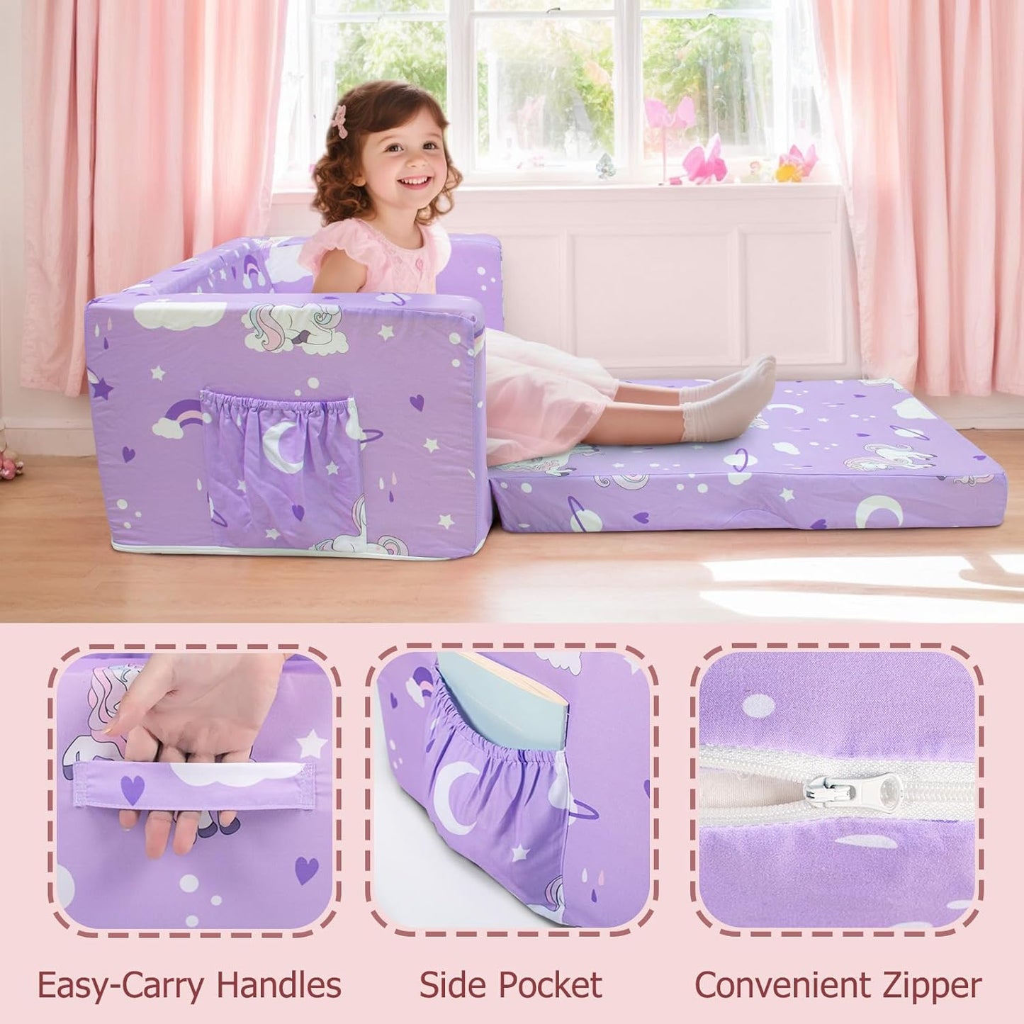 Kids Couch, 2-in-1 Kids Fold Out Sofa, Convertible Toddler Couch to Lounger for Girls and Boys, Soft Toddler Chairs Comfy 1-3 Years Old(New Unicorn)