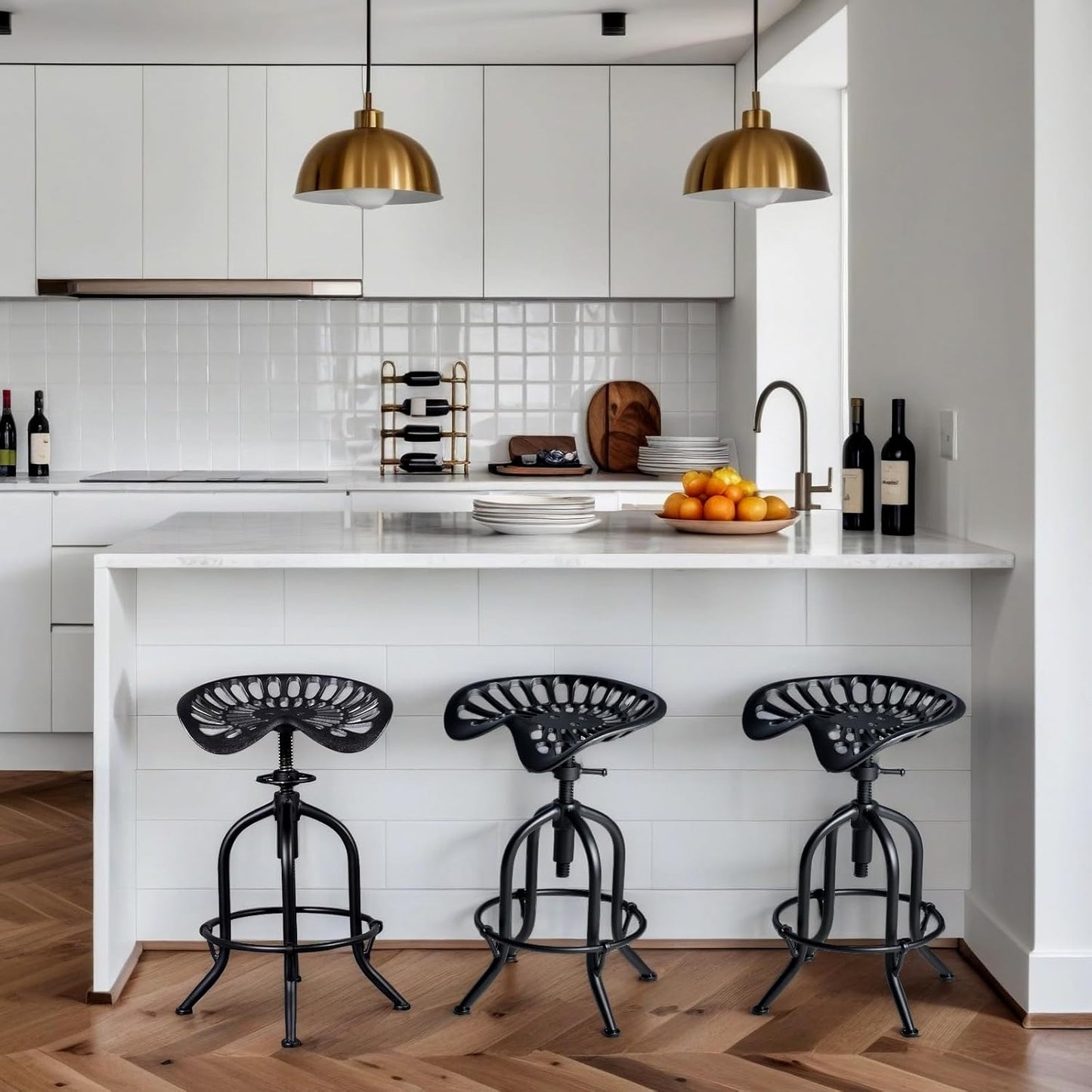 Industrial Bar Stool Farmhouse Tractor Saddle Stool Kitchen Counter Height Adjustable Bar Stool Metal Bar Stool 19.6-24 Inch Pub Bar Stool,Set of 2, Black