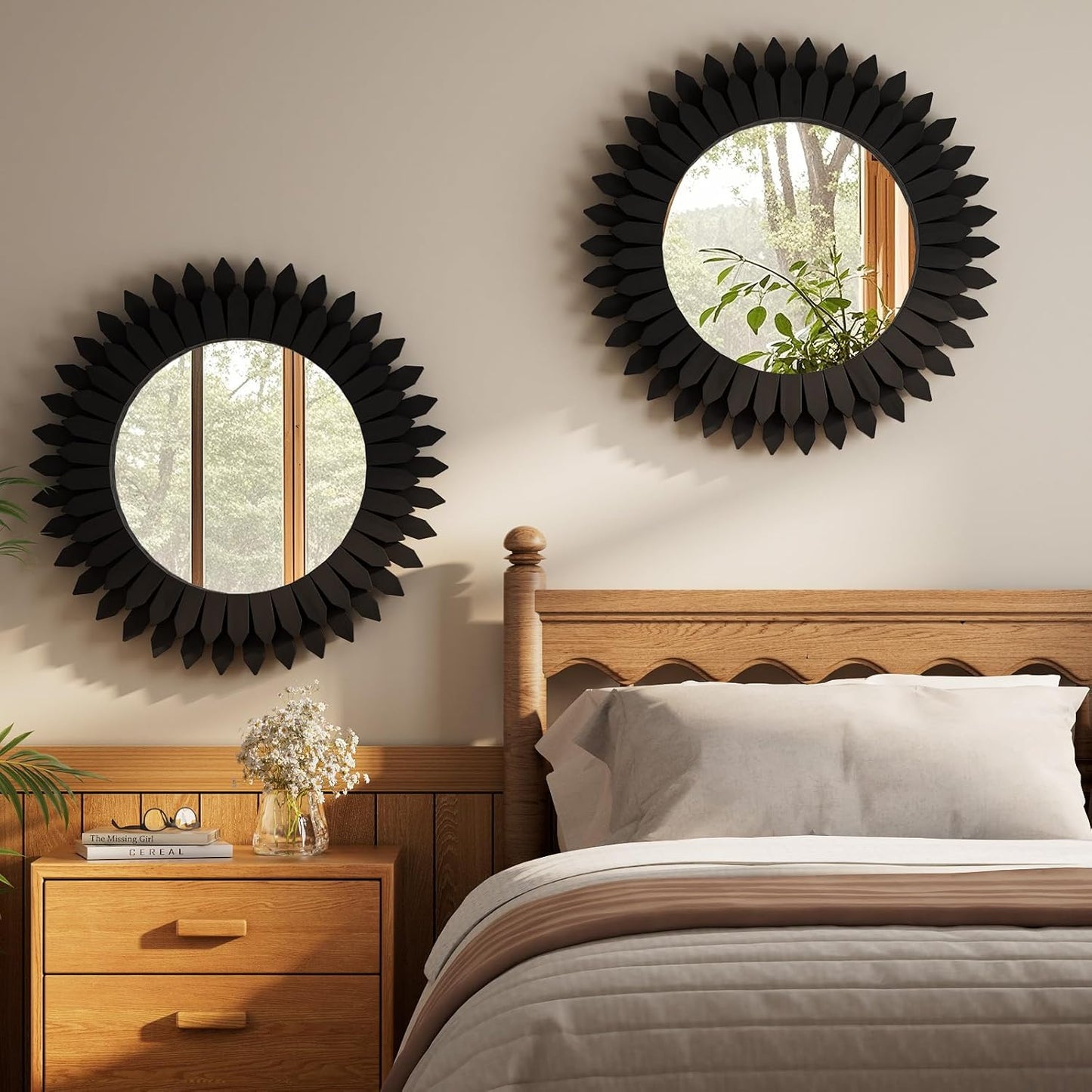 24 Inch Black Boho Wall Decor Sunburst Mirror - Round Wooden Wall Decor, Handmade Rustic Circular Mirror for Living Room, Bedroom, Entryway, Office