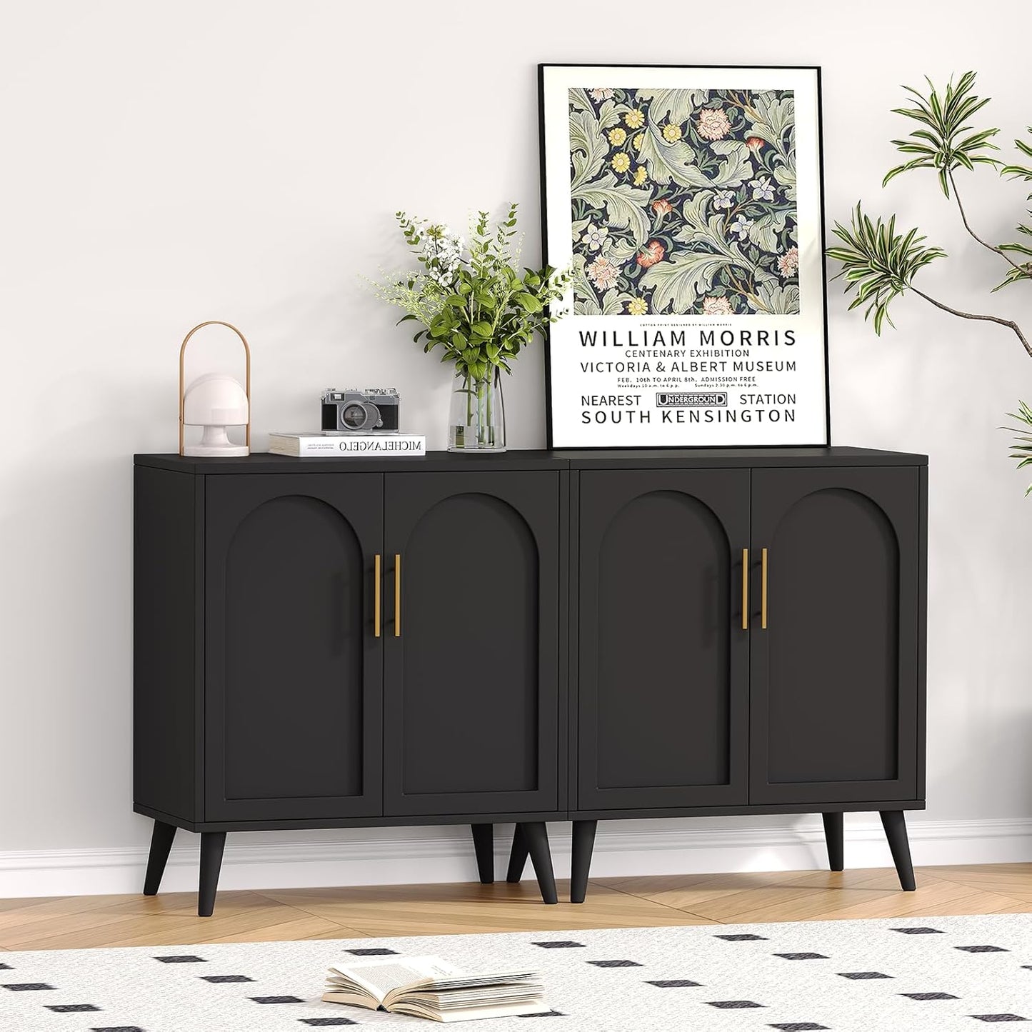 Rovaurx Set of 2 Storage Cabinet with 4 Doors, Accent Bathroom Floor Cabinet, Modern Sideboard Buffet Closet for Living Room, Entryway, Dining Room and Kitchen, Black BMGZ108B02