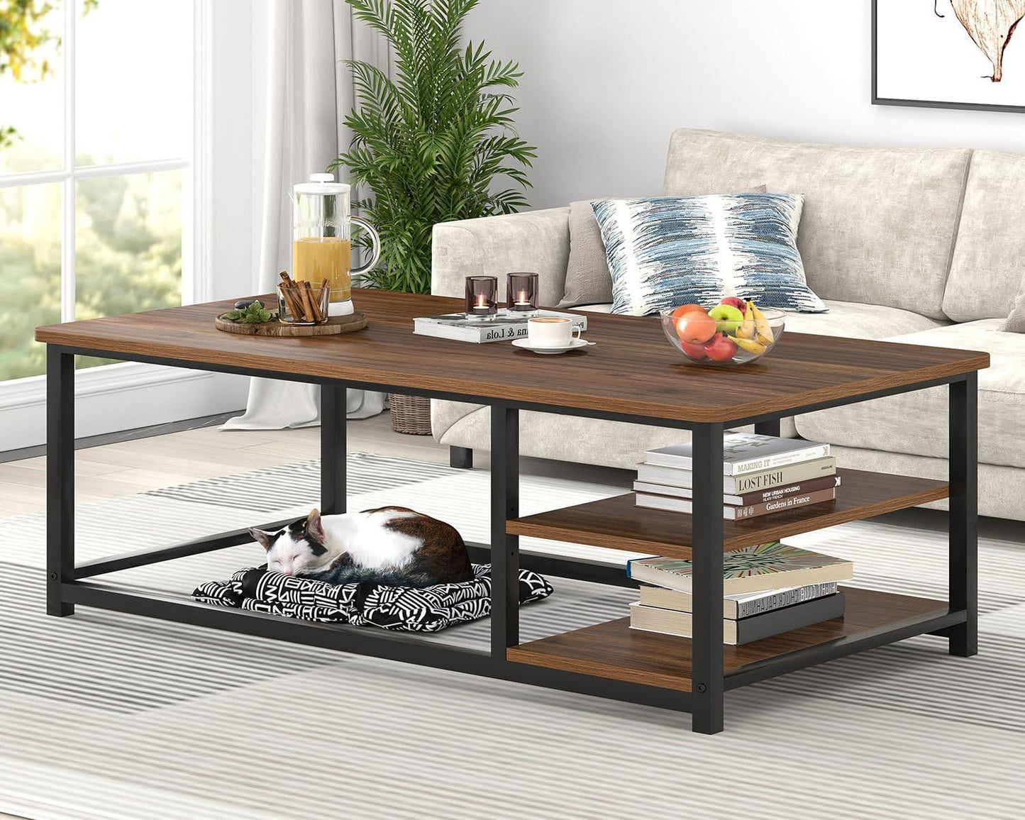 EXCEFUR Modern Coffee Table, Rustic Wood and Metal Center Table for Living Room, Industrial Rectangle Cocktail Tea Table with Storage Shelf, Walnut, 47 Inch