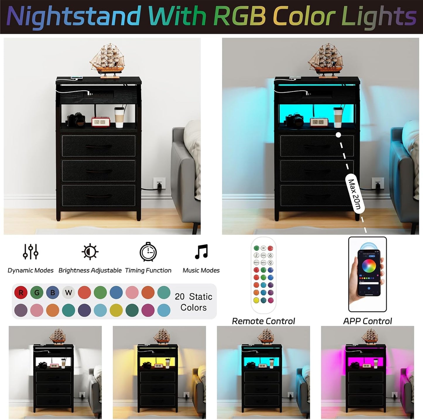 End Table with 3 Drawers, Nightstand with Charging Station and LED Lights, Small Fabric Dresser for Bedside, Storage Side Table for Living Room Dorm, Black