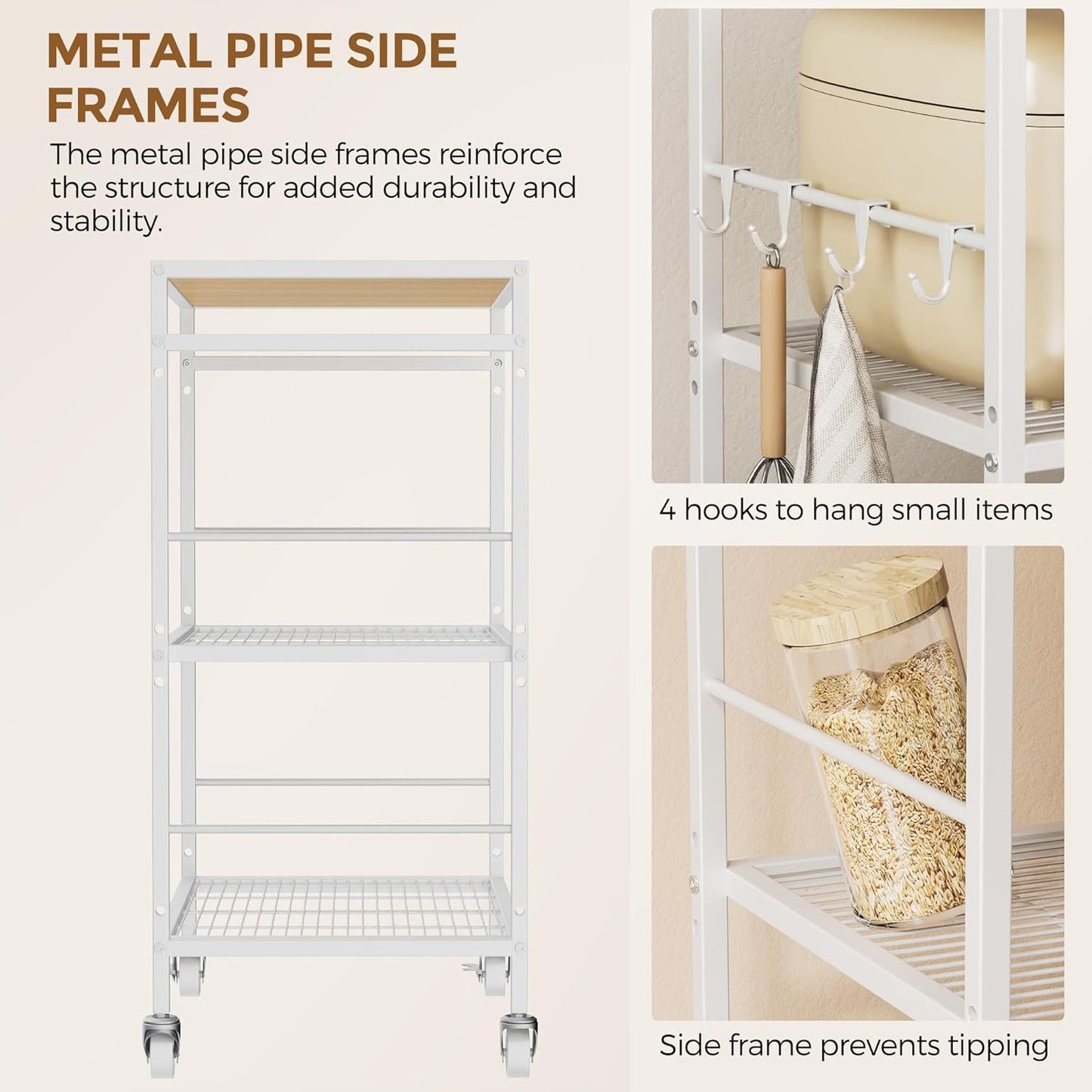 3-Tier Metal Storage Rack with Industrial Wheels,Mesh Shelving Unit with Wooden Table top,Adjustable Shelf,23.6-Inch Width,15.8-Inch Depth, for Kitchen, Laundry,Pantry,Plant,white