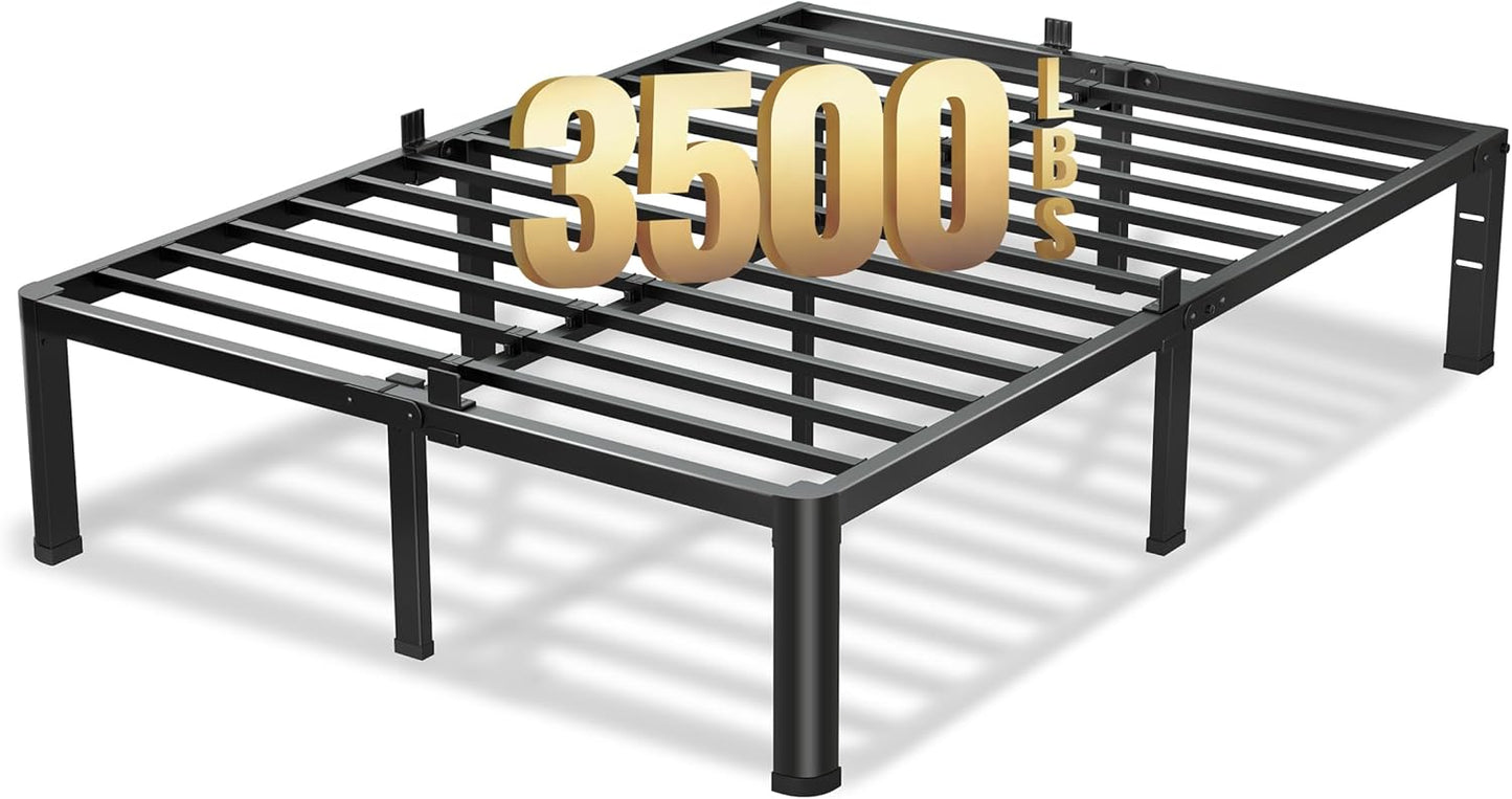 14 Inch Queen Bed Frame, 3500Lbs Heavy Duty Metal Platform with Round Corner Legs Mattress Slide Stopper, Steel Slat Support No Box Spring Needed, Noise Free, Non-Slip, Easy Assembly