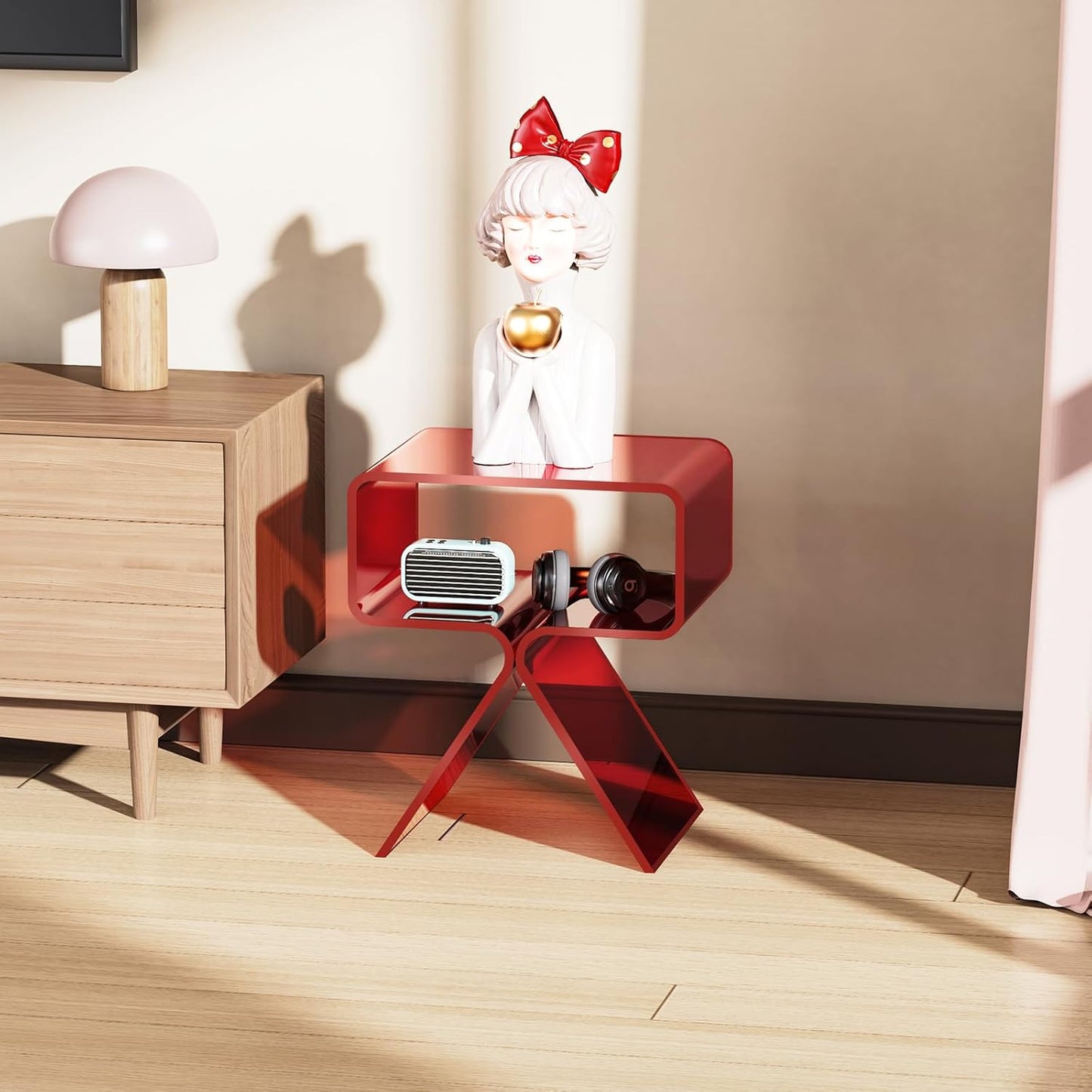 Acrylic Nightstand Side Table Modern Design Clear Home Decor Display End Table for Living Room (Red)