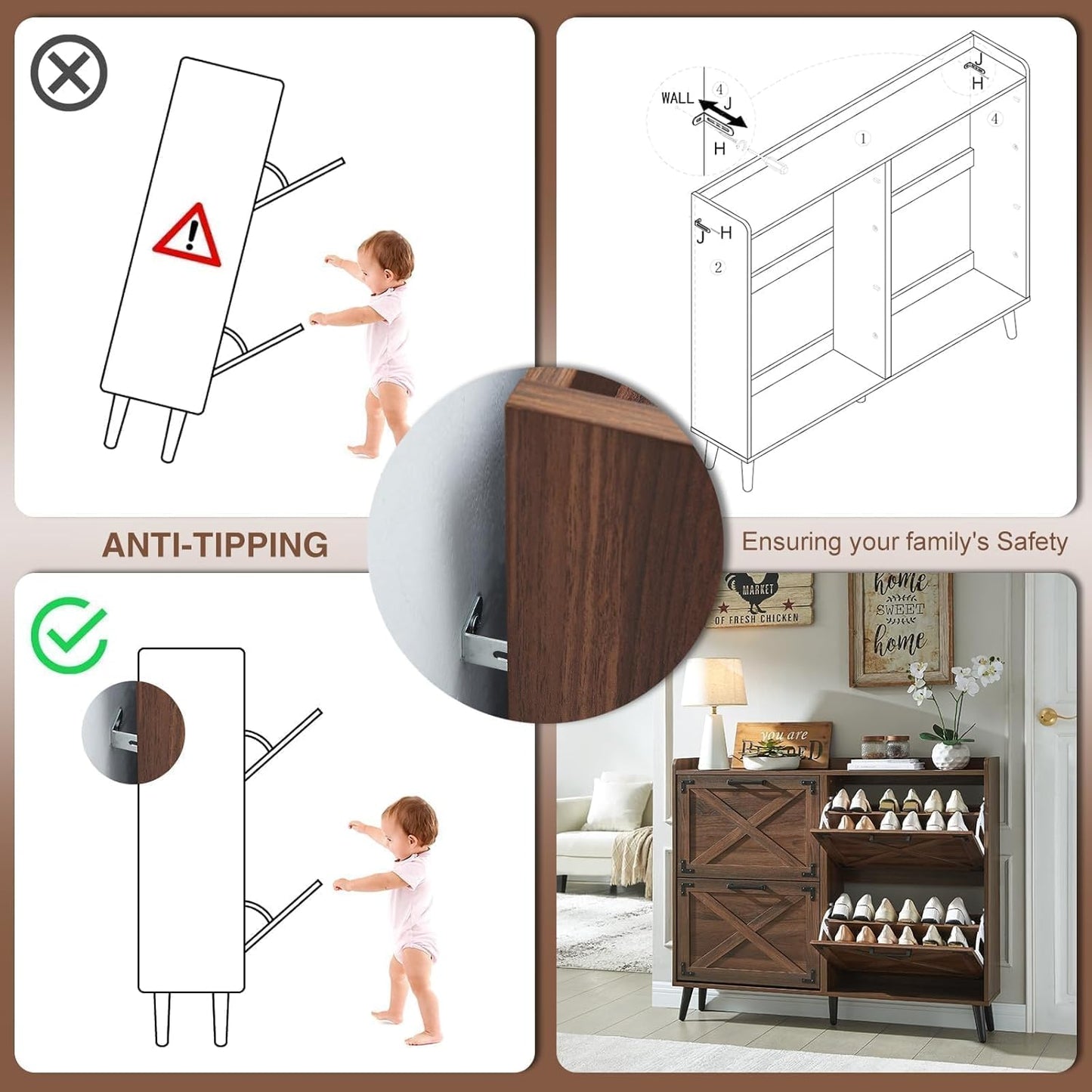 Shoe Storage Cabinet,Farmhouse Shoe Organizer with 4 Flip Drawers & Barn Door Design,Freestanding Hidden Slim Narrow Shoe Rack Cabinet for Entryway,Foyer,Hallway,Walnut