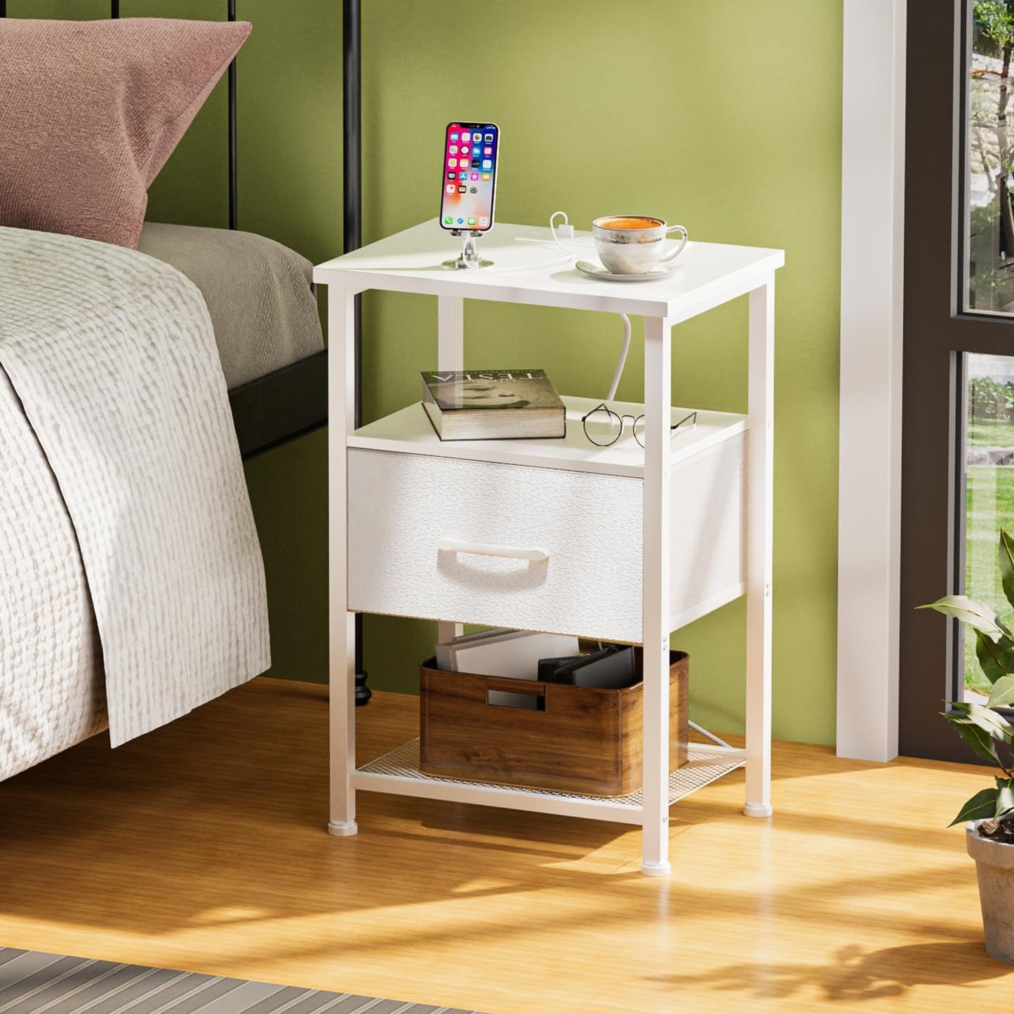 Nightstands Set of 2 with Charging Station and Drawer, End Table Bedside Table with 20 Colors LED Light Strip and 2 Layers Shelf for Bedroom Living Room Sofa Couch (White)