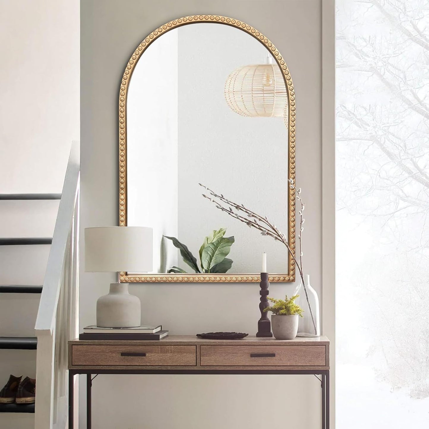 Gold Arched Mirror, 24"x36" Arch Vanity Mirrors for Bathroom, Metal Beaded Frame Decorative Accent Mirror, Ornate Vintage Mirrors for Fireplace Bedroom Living Room Hallway Entryway