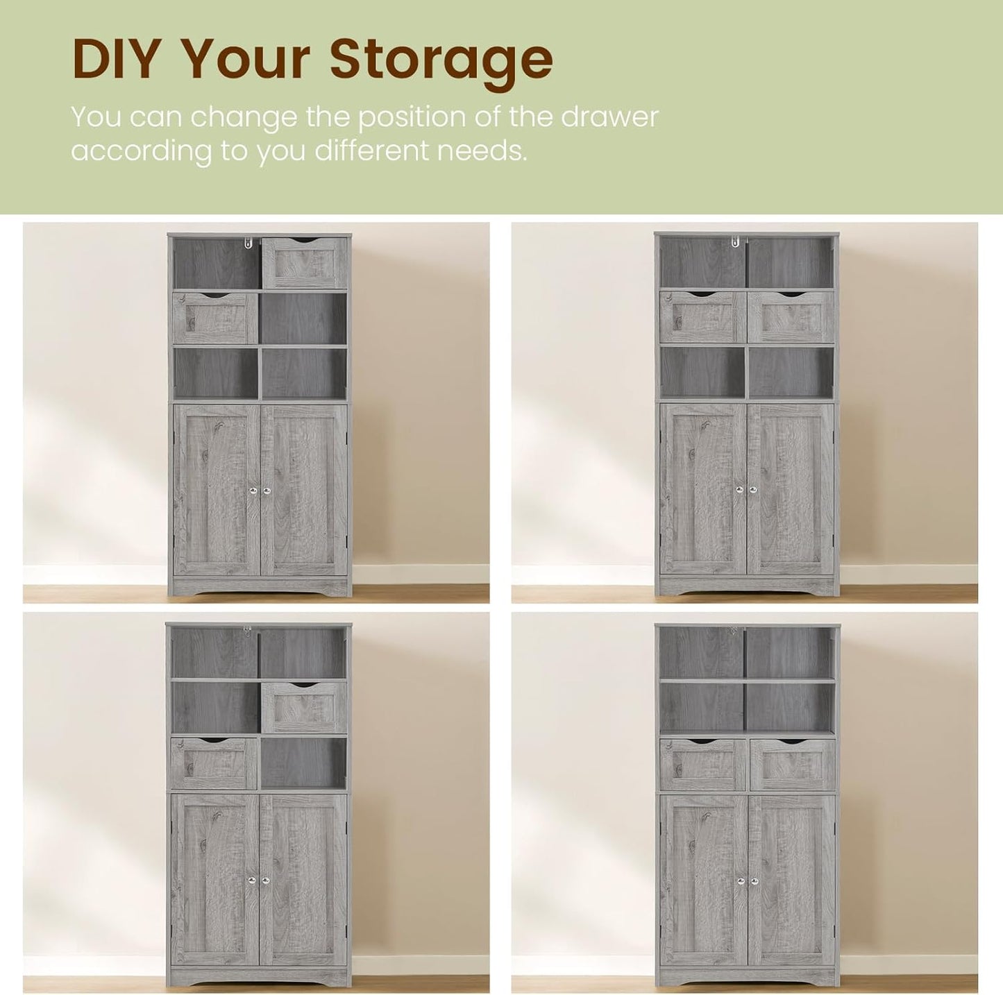 Iwell Tall Storage Cabinet with 2 Drawers & Adjustable Shelf, Bathroom Cabinet with Doors, Cupboard, Kitchen Cabinets for Living Room, Dining Room, Entryway, Grey