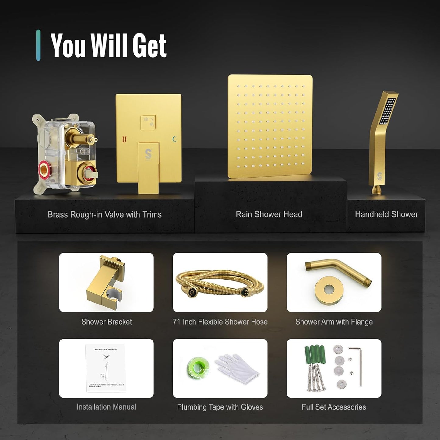 SR SUN RISE Shower System - Shower Faucet Set with 8 Inch Rain Shower Head and Handheld Shower - High Pressure Rain Shower System - All Metal Shower Faucet Trim Repair Kits - Brushed Gold