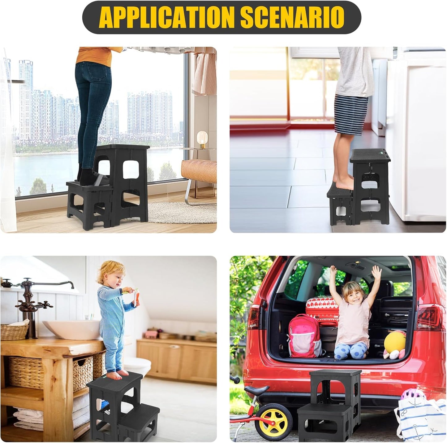 Folding 2-Step Stool for Adults Kids Non-Slip Collapsible Portable Step Stool for Kitchen Home Toilet Bedroom Office Bathroom Rv,Holds 300 Lbs(Black)