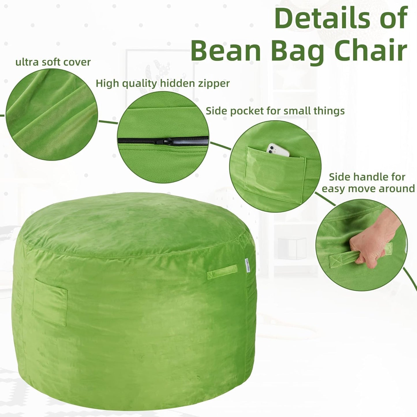 HABUTWAY Bean Bag Chair 3Ft Luxurious Velvet Ultra Soft Fur with High Rebound Memory Foam Bean Bag Chairs for Adults Plush Lazy Sofa with Fluffy Removable Sponge 3' (Lime)