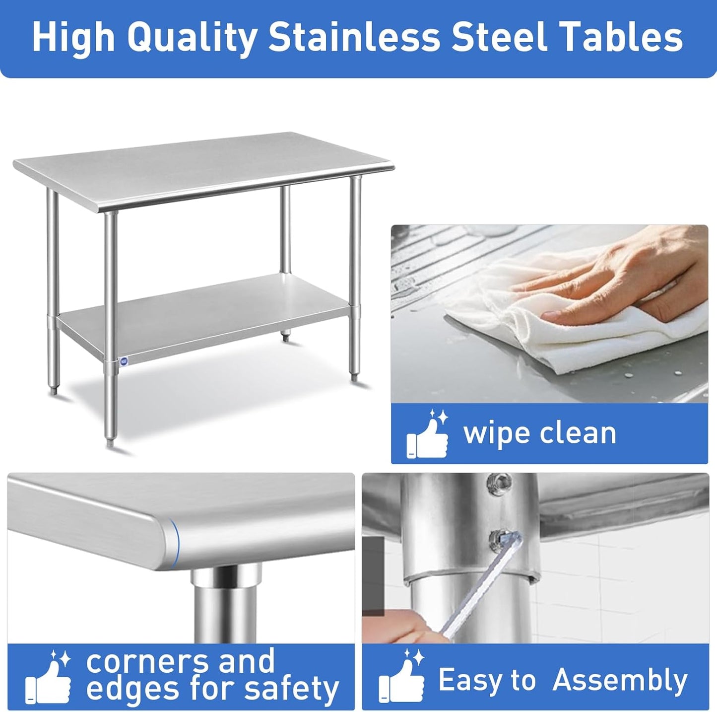 ROCKPOINT Stainless Steel Table for Prep & Work 14x30 Inches, NSF Metal Commercial Kitchen Heavy Duty Table with Adjustable Under Shelf and Table Foot for Restaurant, Home and Hotel