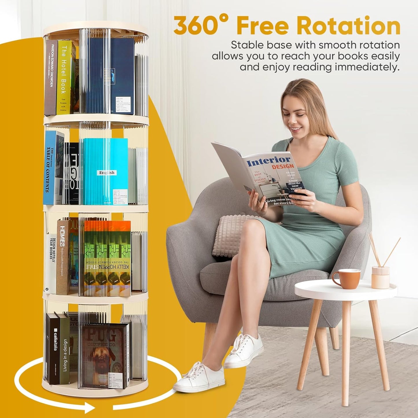 FAHKNS 4 Tier Rotating Bookshelf,360° Revolving Bookcase Tower,Clear Acrylic Round Book Shelf for Small Space,Suitable for Spinning Bookshelf Tower in Bedroom, Living Loom, Office