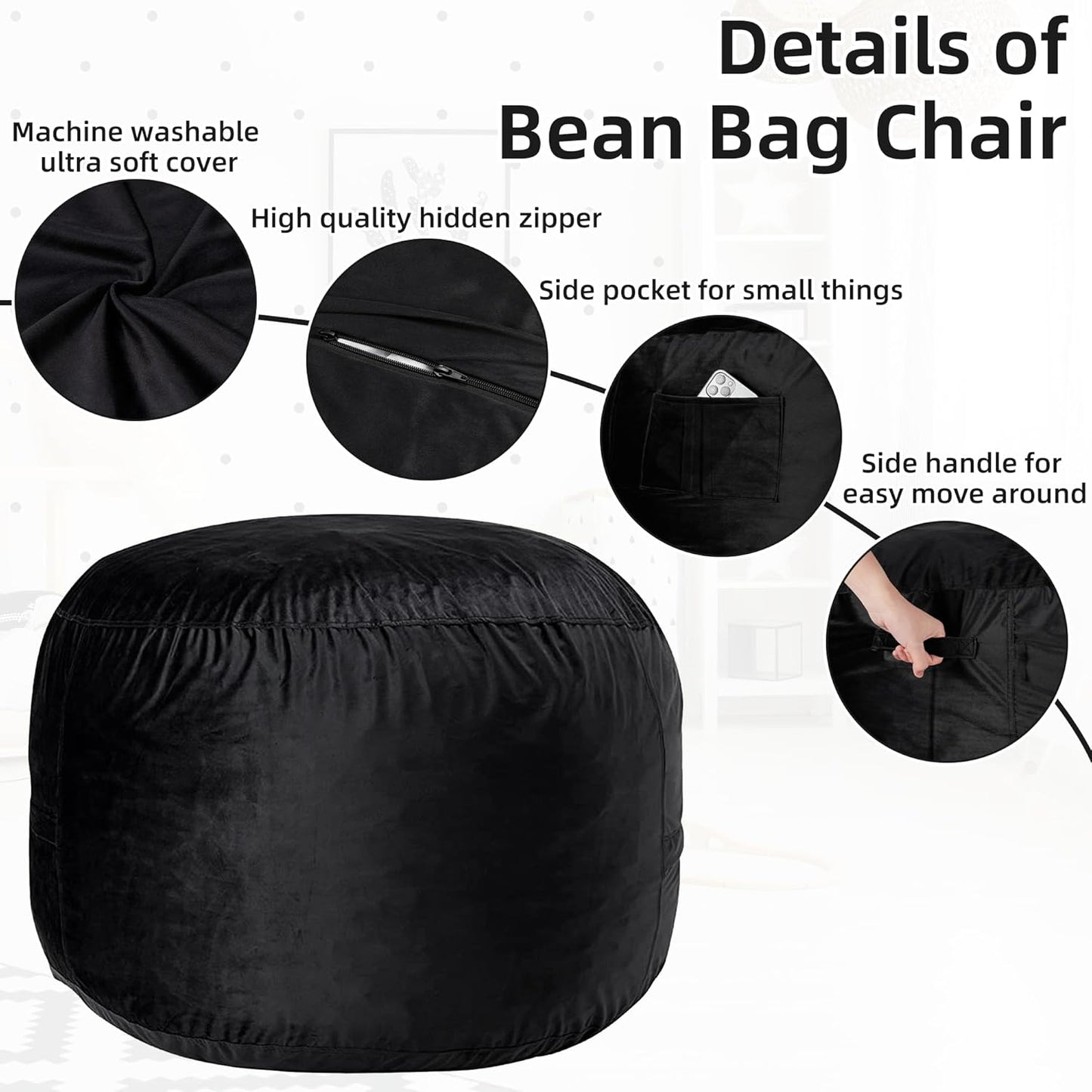 HABUTWAY Bean Bag Chair: Giant 4' Memory Foam Furniture Bean Bag Chairs for Adults with Microfiber Cover 4Ft (Black)