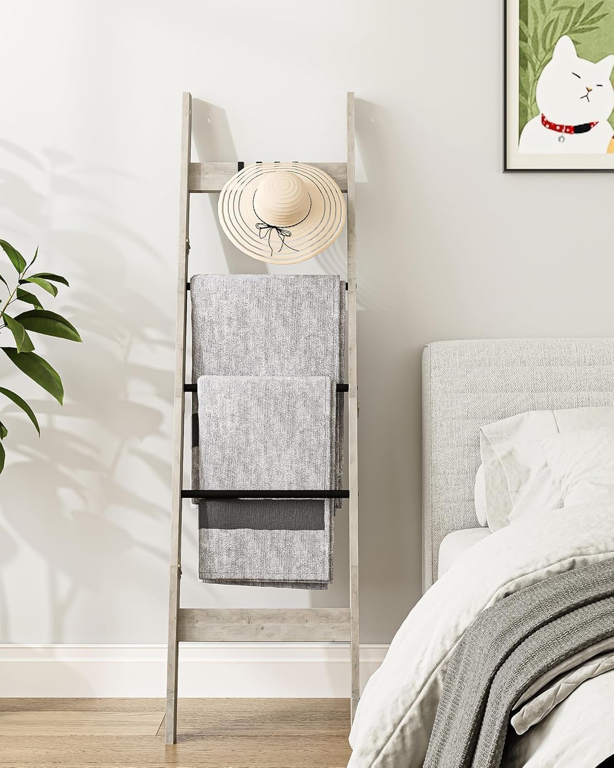 Blanket Ladder for Living Room, Decorative Quilt Rack with 4 Removable Hooks, 5-Tier Farmhouse Ladder Holder Shelf Organizer for Bedroom, Greige and Black BR02105B
