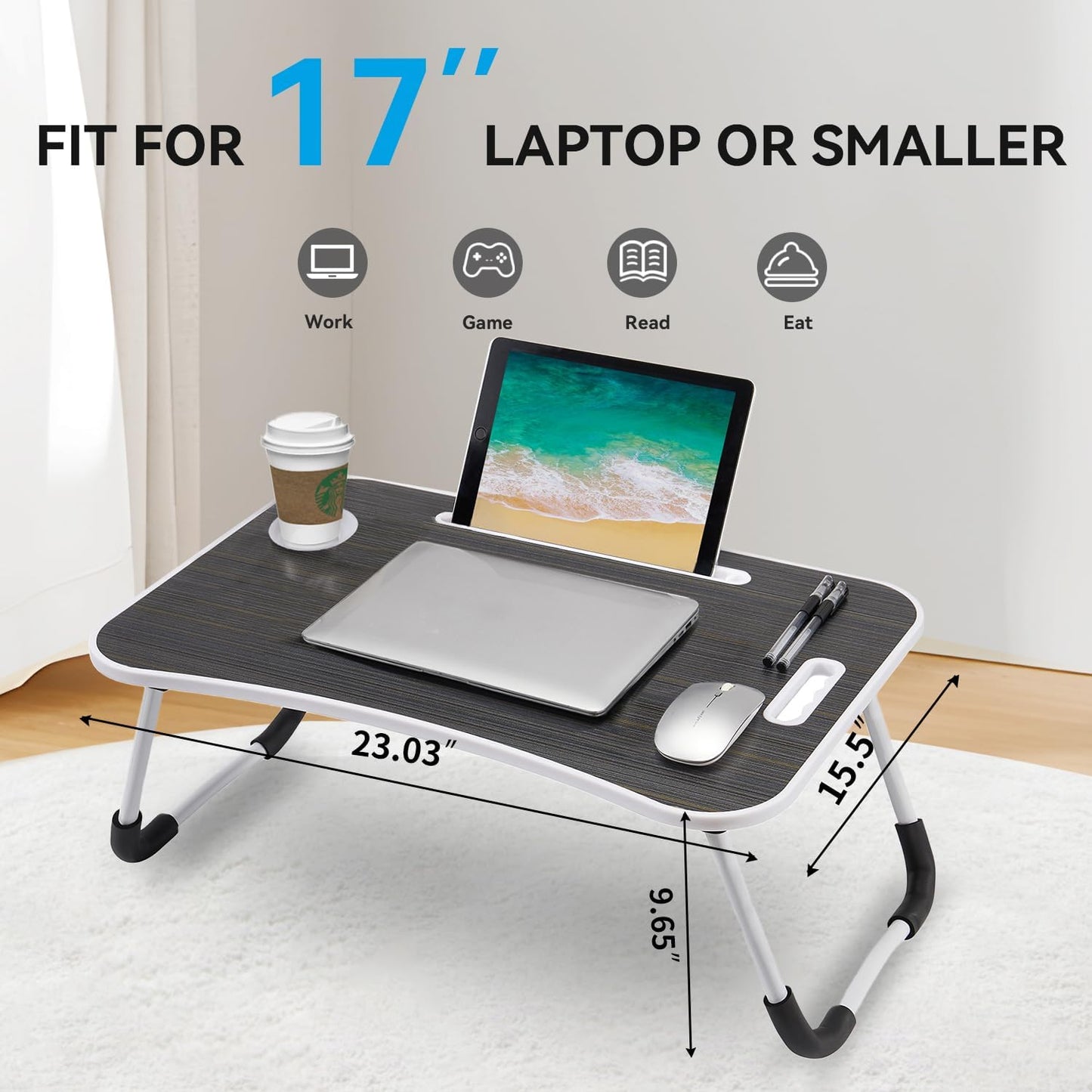 BUYIFY Folding Lap Desk, 23 Inch Portable Wood Black Laptop Bed Desk Lap Desk with Cup Holder, for Working Reading Writing, Eating, Watching Movies for Bed Sofa Couch Floor
