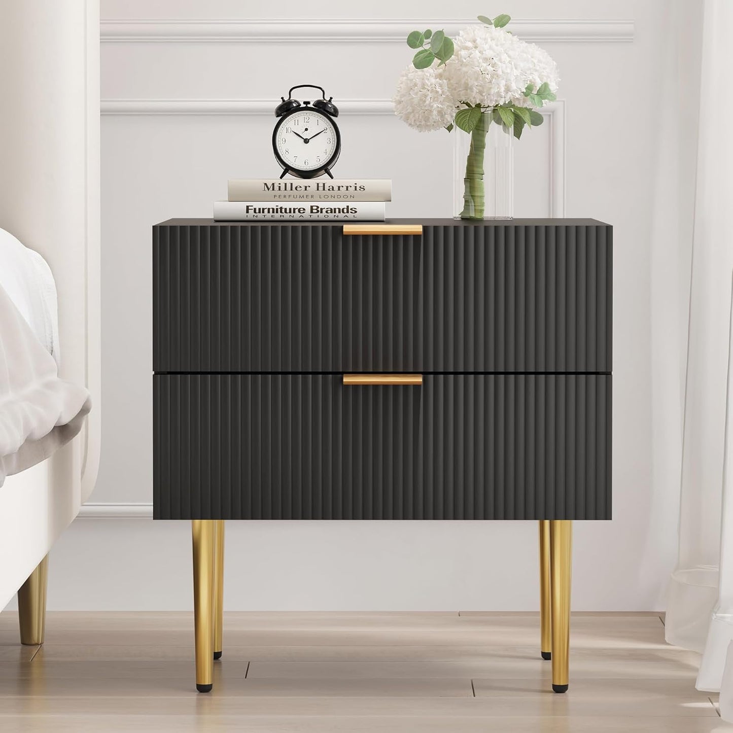 Night Stand, Black and Gold Nightstand with Fluted Panel, Bedside Table with 2 Drawer, Large Mid Century Modern Nightstand with Gold Leg, End Tables for Bedroom