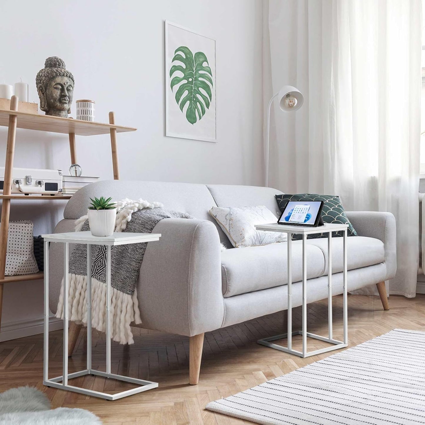 C Shaped End Table Set of 2 for Sofa and Bed, Slide Under Couch Tables, Side Table With Faux Marble Top, Small Under Table Tray for Living Room, Bedroom, White