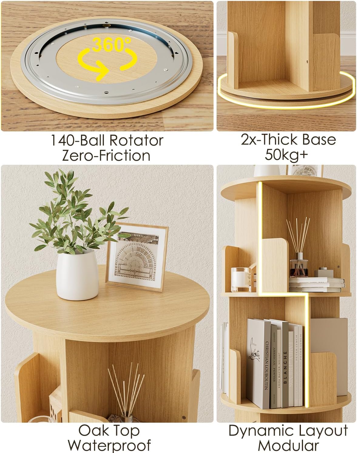 Masupu Rotating Bookshelf, Tall 4 Tier Rotating Spinning Bookshelf Tower, 360 Spinning Floor Standing Bookcase Storage Rack, Conner Rotating Book Shelf for Kids Rooms, Bedroom, Living Room