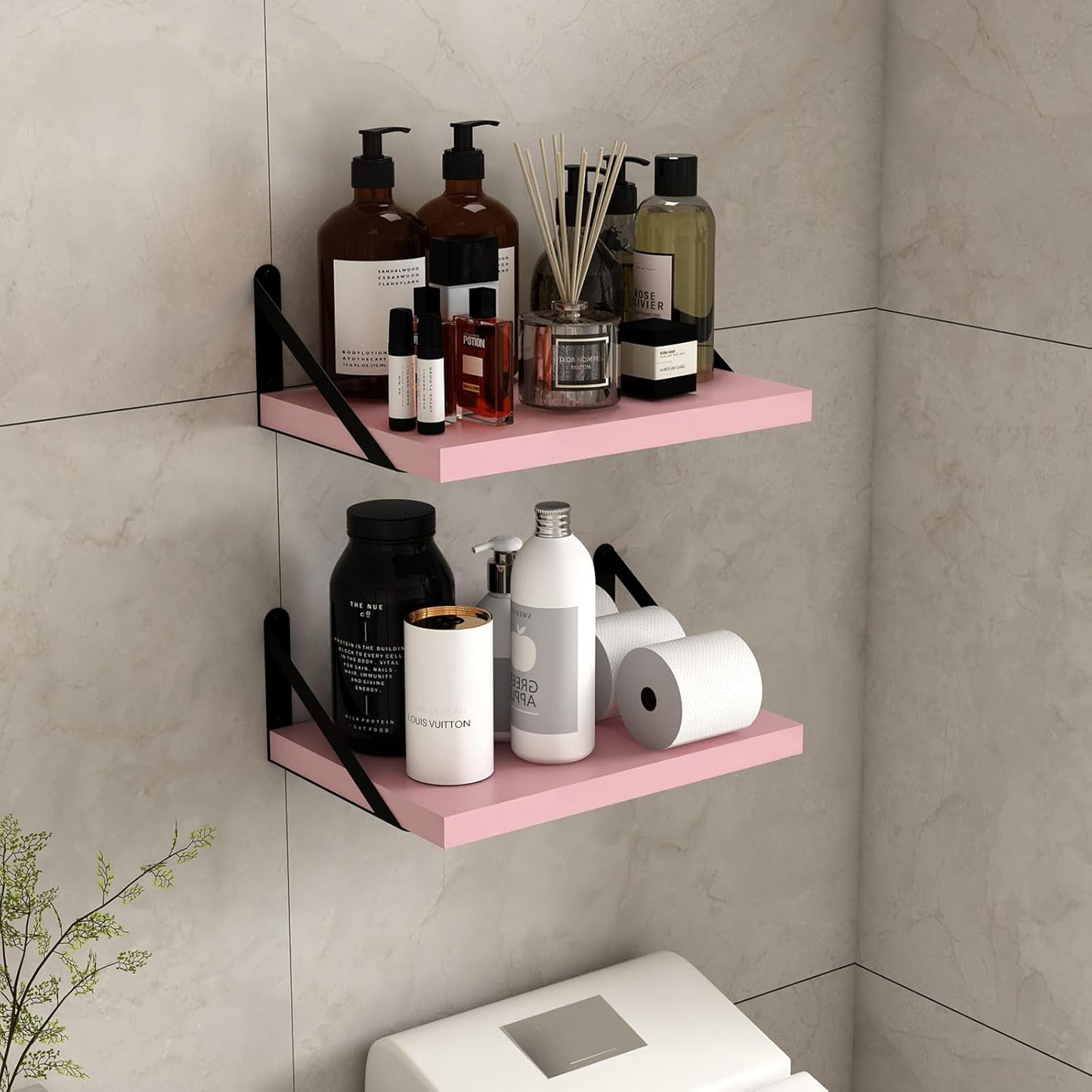 SAUMONIERES Floating Shelves Bookshelf for Bedroom Bathroom Living Room Wood Wall Mounted Wide Deep Storage, Pink Painted Set of 2