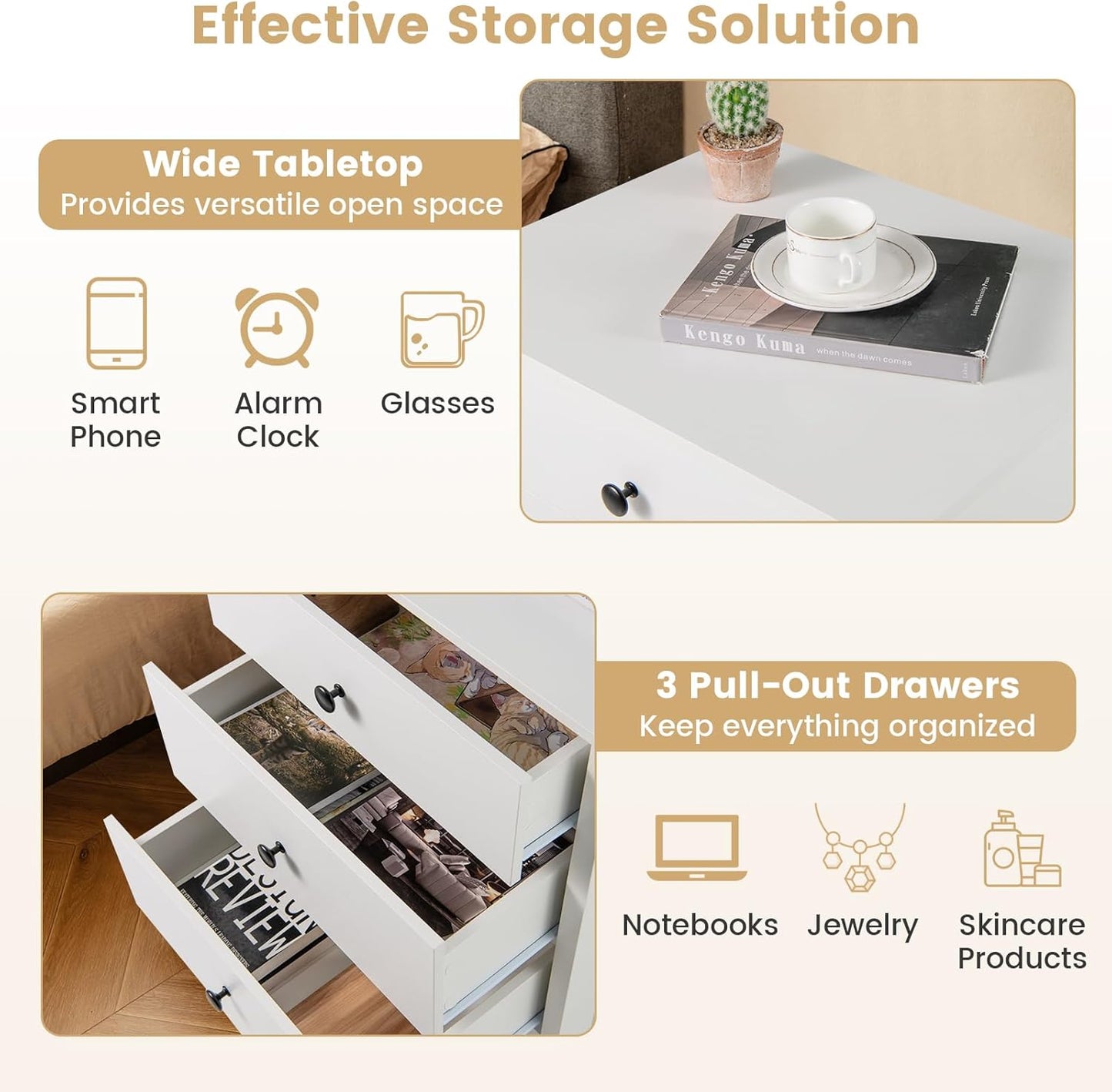 KOMFOTT 3 Drawers Nightstand, Wooden Bedside Table, Modern Sofa Side End Table, Space-Saving Telephone Table, Chest of Drawers for Living Room, Bedroom & Office (1, White)