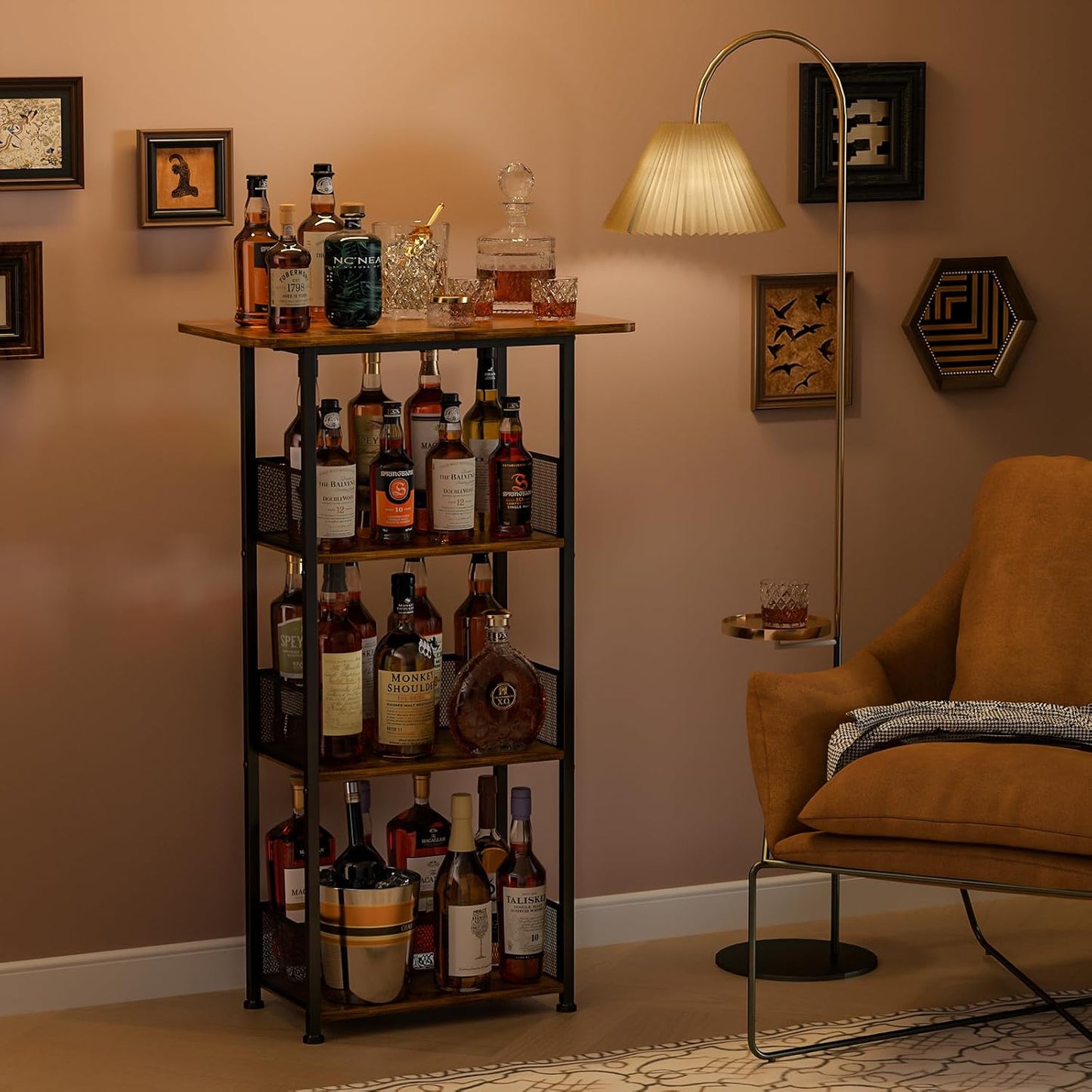 Wine Rack Freestanding Floor:4 Tier Whiskey Wine Rack Mini Bar Cart,Liquor Cabinet-Home Bar for Bottles,Cocktail Shaker,Mugs-(23.6 * 11.8 * 40inch)