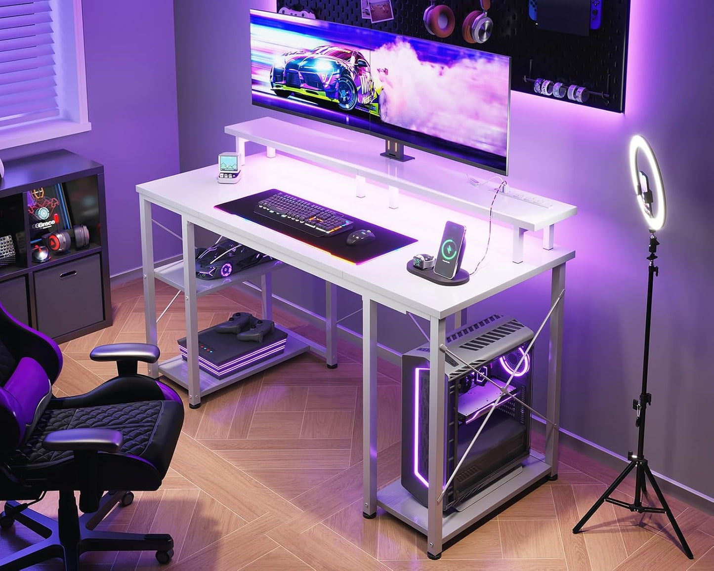 ODK 48 Inches Gaming Desk with LED Lights, Computer Desk with Monitor Stand, Pc Table with CPU Stand, Pure White