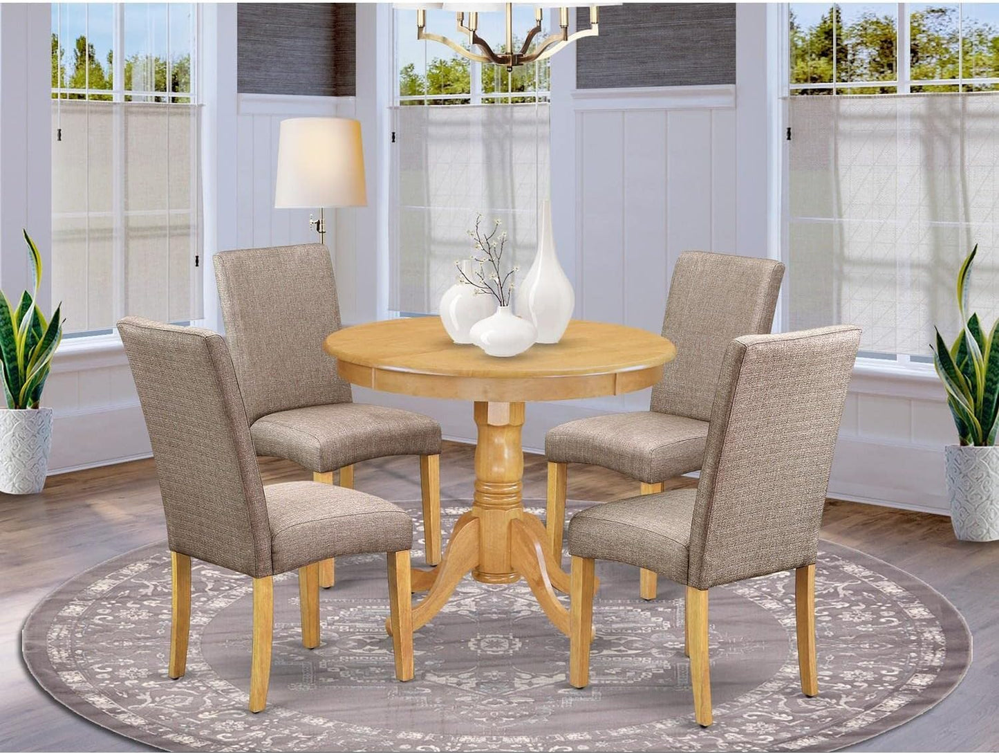 East West Furniture ANDR5-OAK-16 5 Piece Dining Set Includes a Round Kitchen Table with Pedestal and 4 Dark Khaki Linen Fabric Upholstered Parson Chairs, 36x36 Inch, Oak