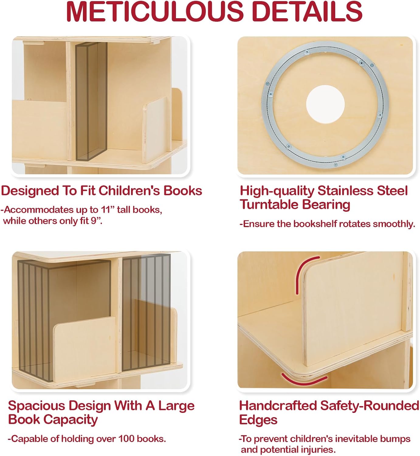 Monläurd® 100% Birch Rotating Bookshelf for Kids, 360° Spinning Montessori Bookcase, Space-Saving Wooden Storage for Nursery, Playroom & Classroom