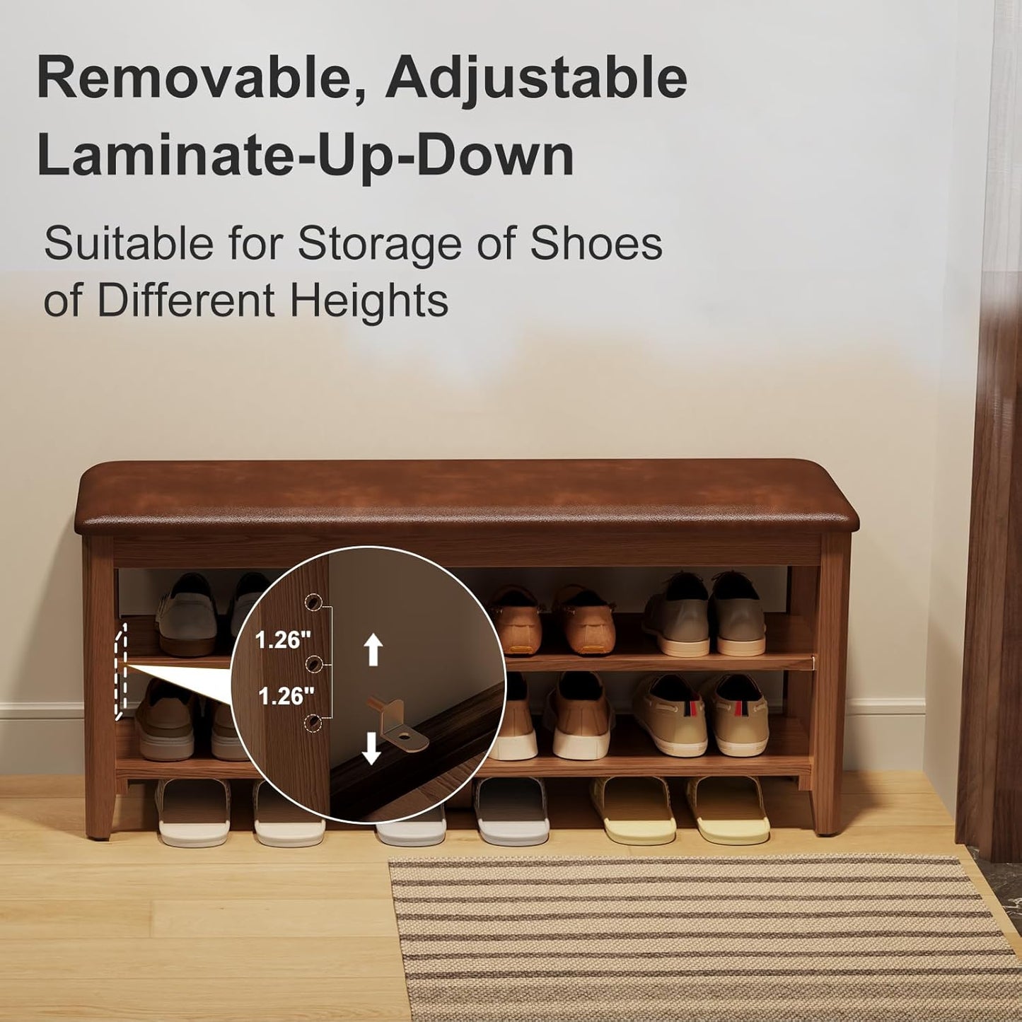 Wood Shoe Rack Bench for Entryway, Shoe Rack for Front Door Entrance with Leather Cushion, 2 Tier Shoe Bench with Shoe Storage for Entryway, Bedroom.