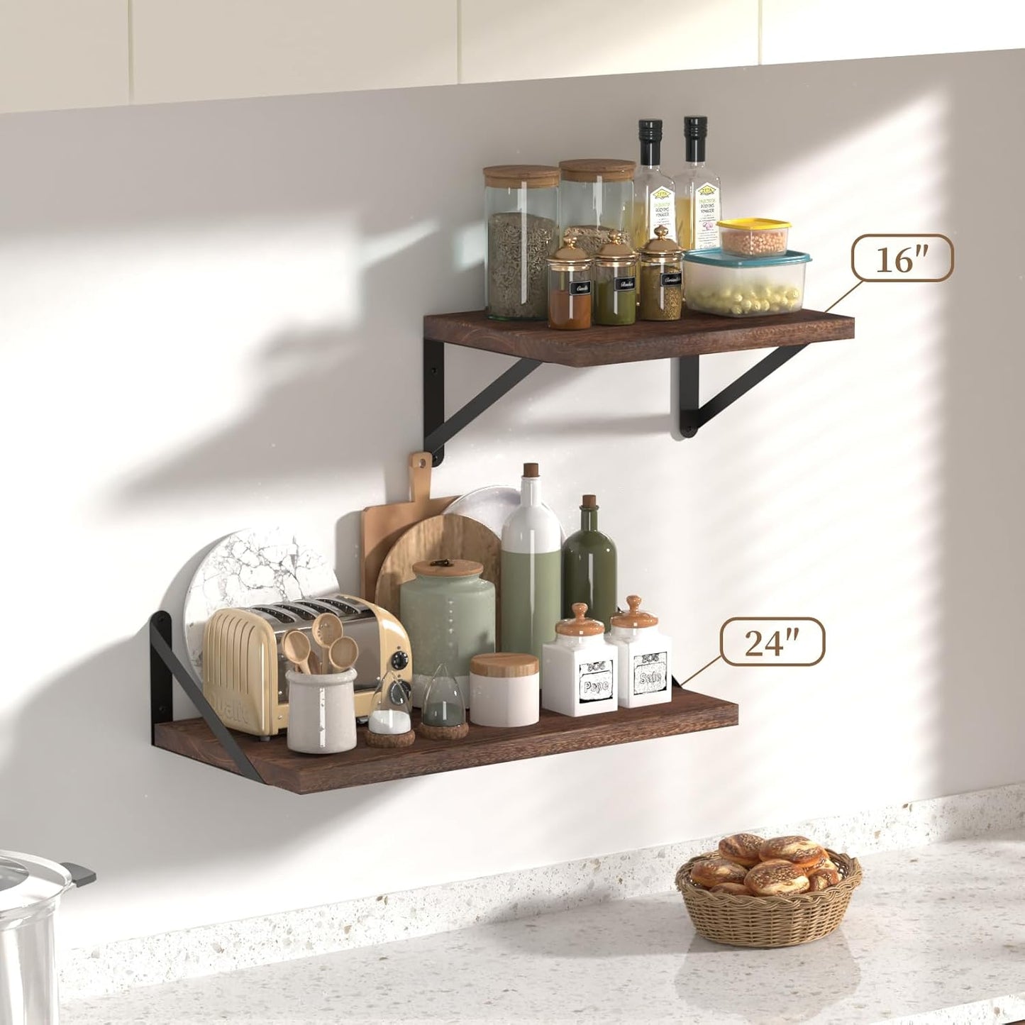 SAUMONIERES Floating Shelves Wall Bookshelf for Bedroom Bathroom Living Room Wood Wall Mounted Wide Deep Storage, Rustic Brown 24 Inch Wall Shelves Set of 2